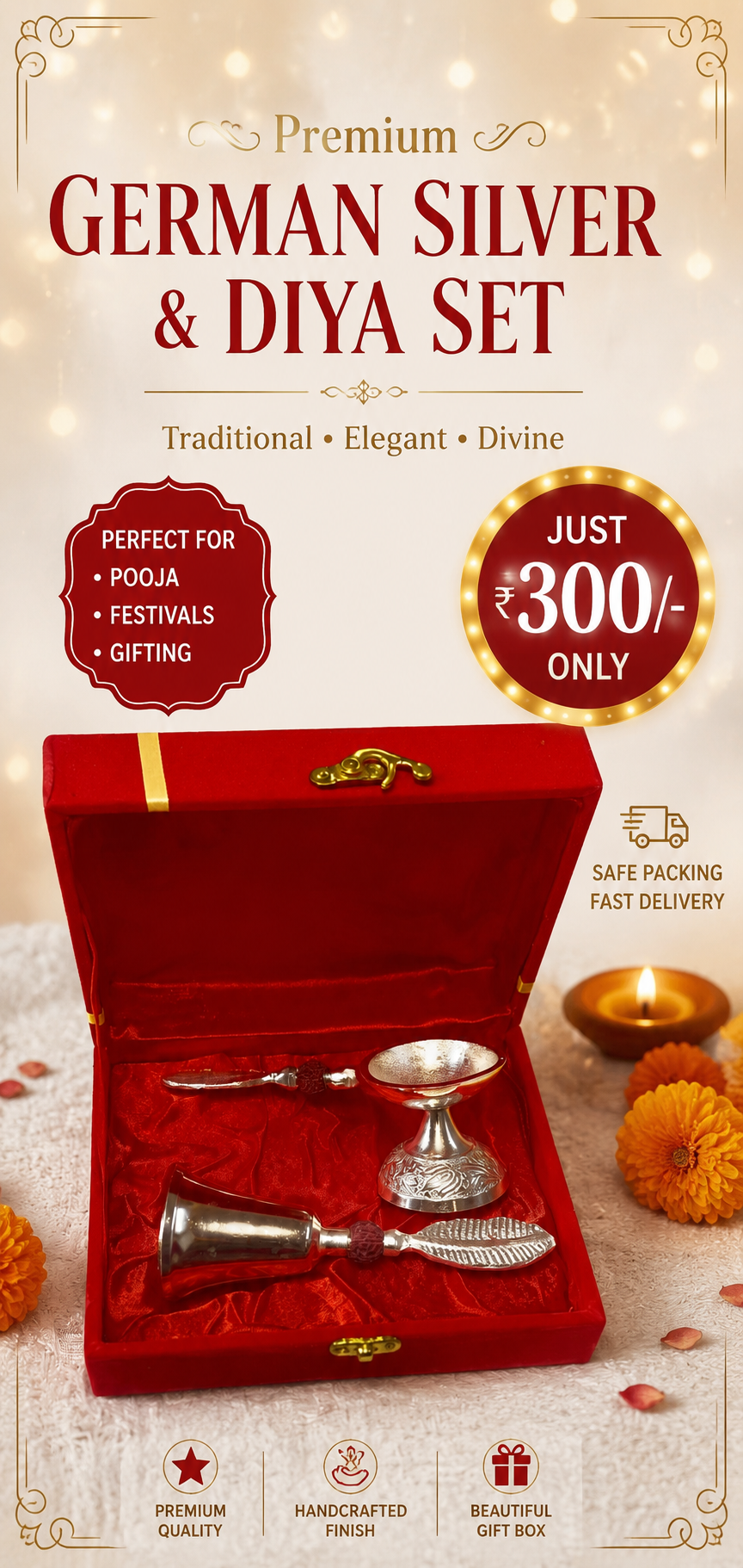 German Silver Rudraksh Bell and Aarti Combo