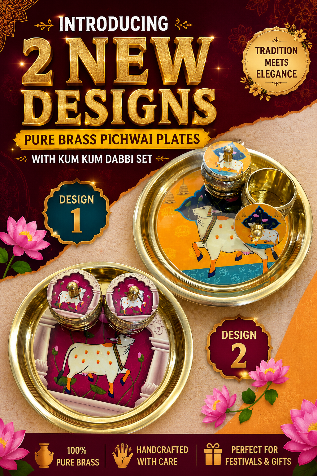 Pure Brass Pichwai Design Plate and Kumkum Dibbi 2pc Set