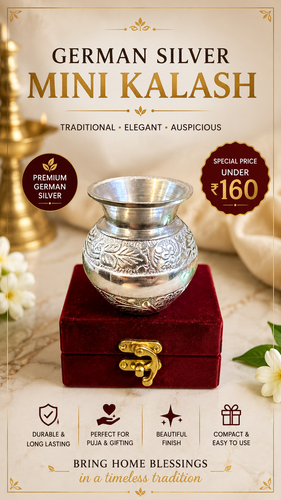 German Silver Mini Kalash with Velvet Box