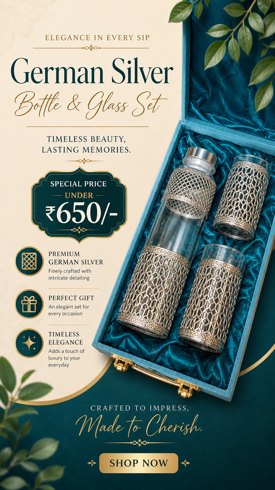 German Silver Two Glass & One Bottle Set – 1 Litre