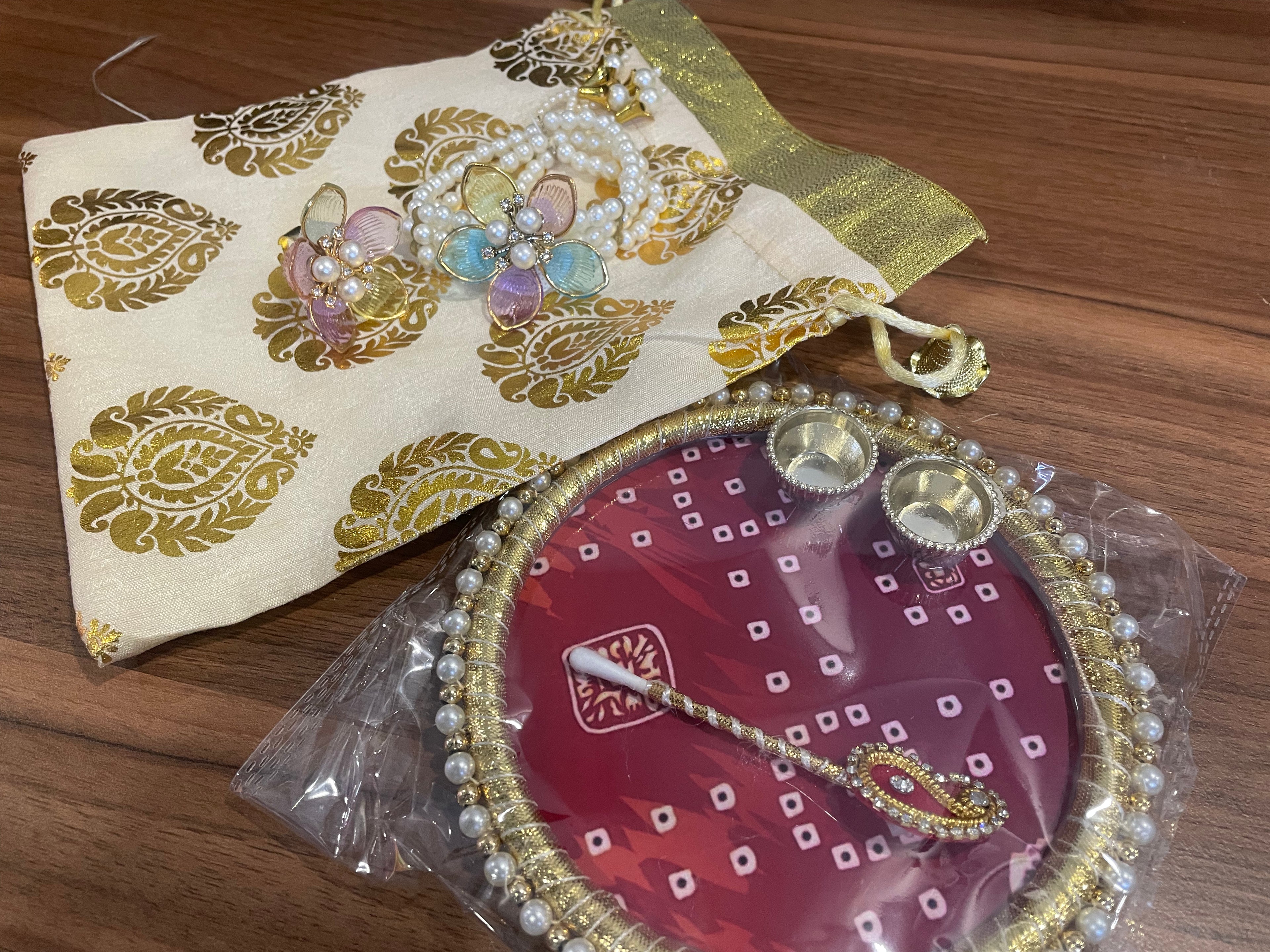 Tilak Thali Gift Hamper - Tilak Thali 6 Inches, Bracelet and Ring in a Potli