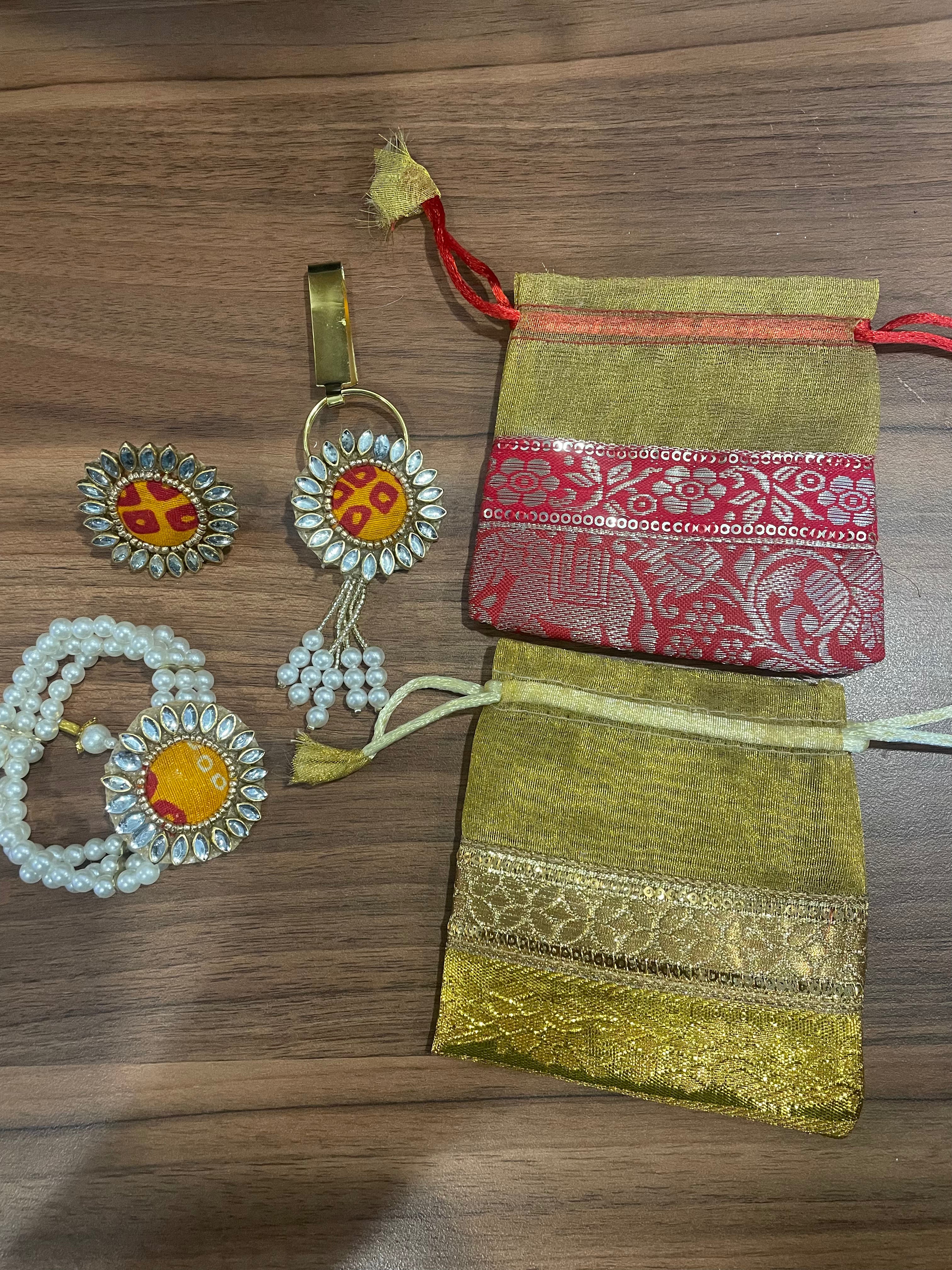Return Gift Combo - Bracelet, Ring, Satka / Shyle Same Design in a Banarasi Potli