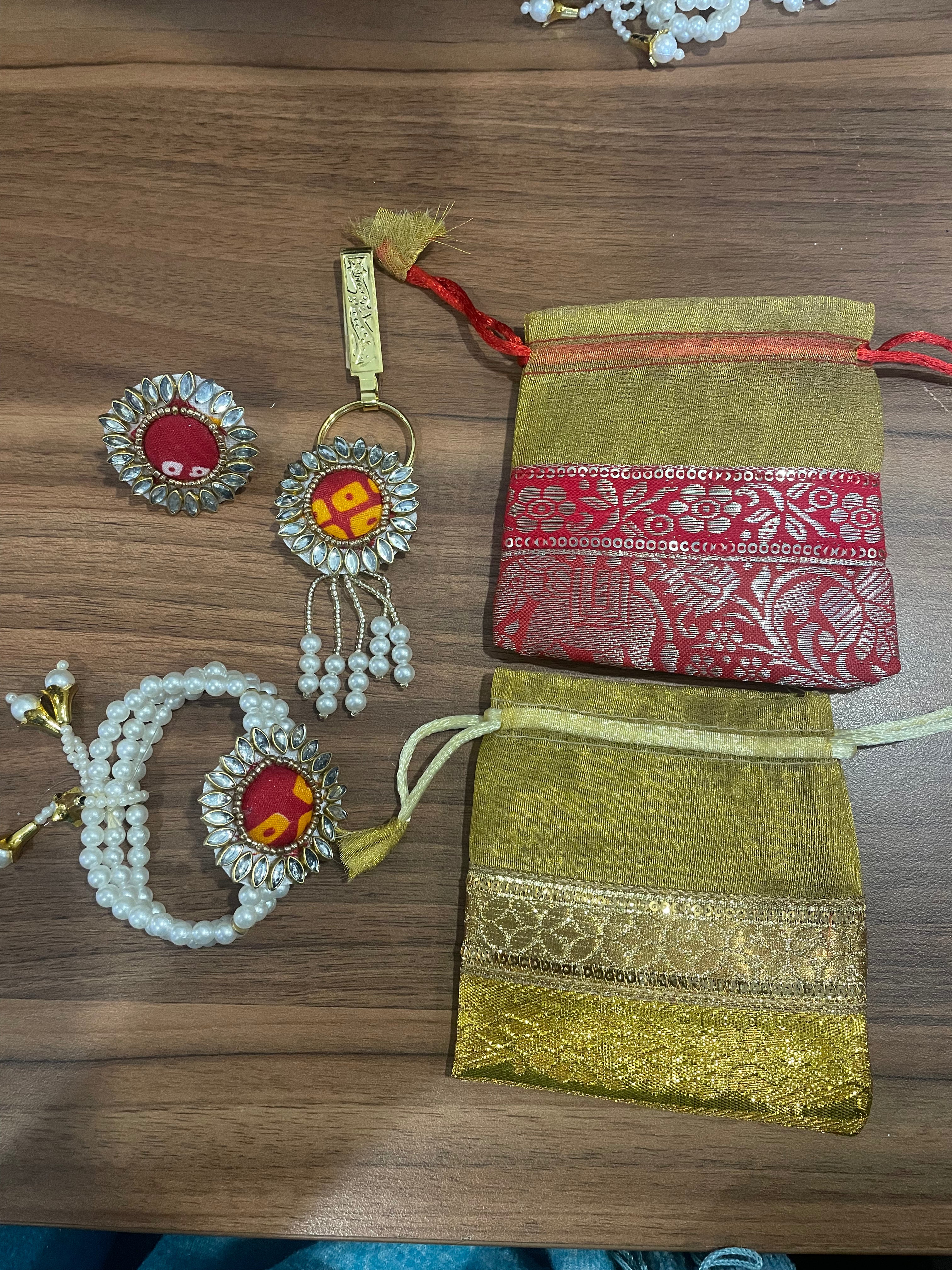 Return Gift Combo - Bracelet, Ring, Satka / Shyle Same Design in a Banarasi Potli