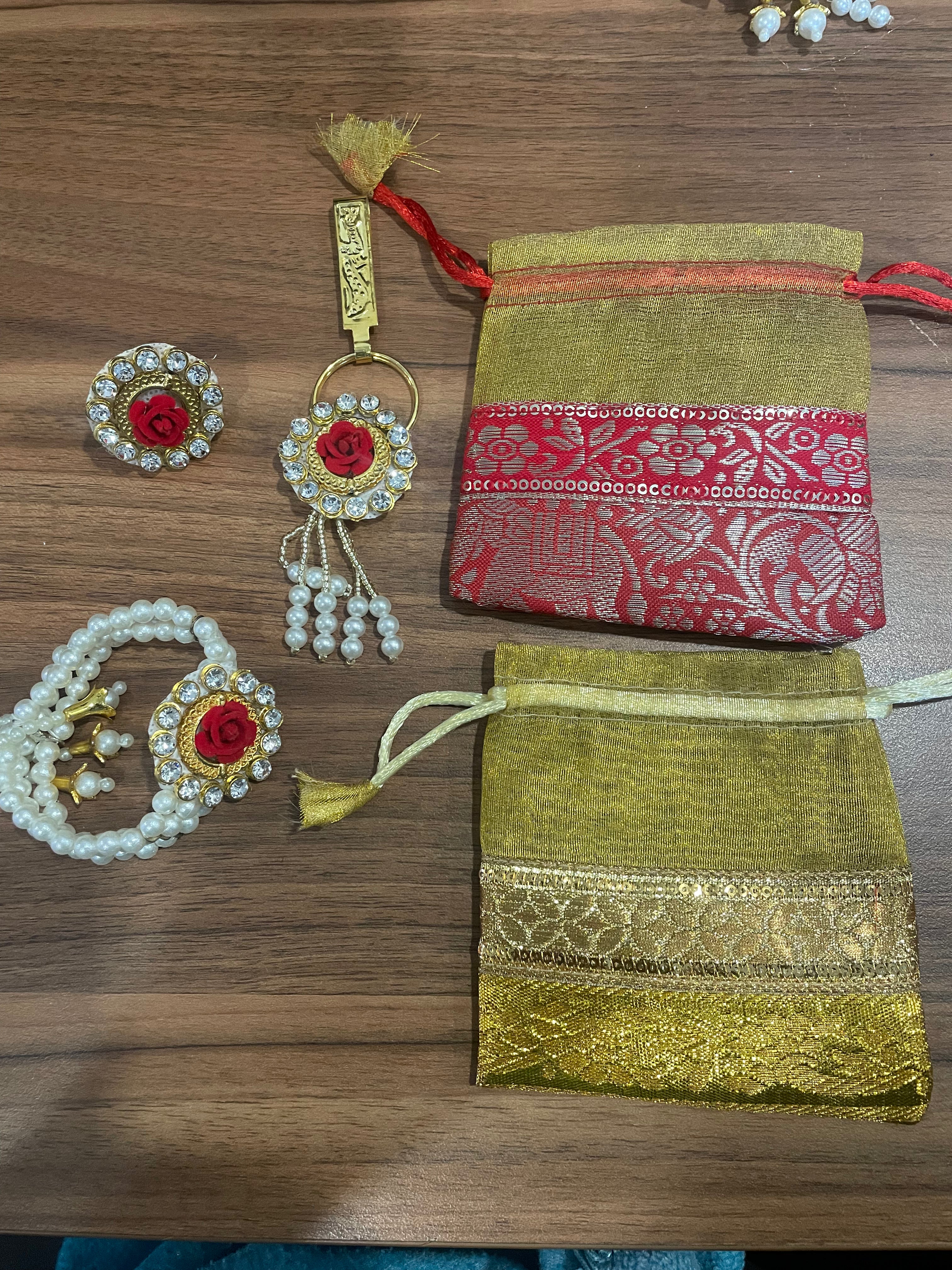 Return Gift Combo - Bracelet, Ring, Satka / Shyle Same Design in a Banarasi Potli