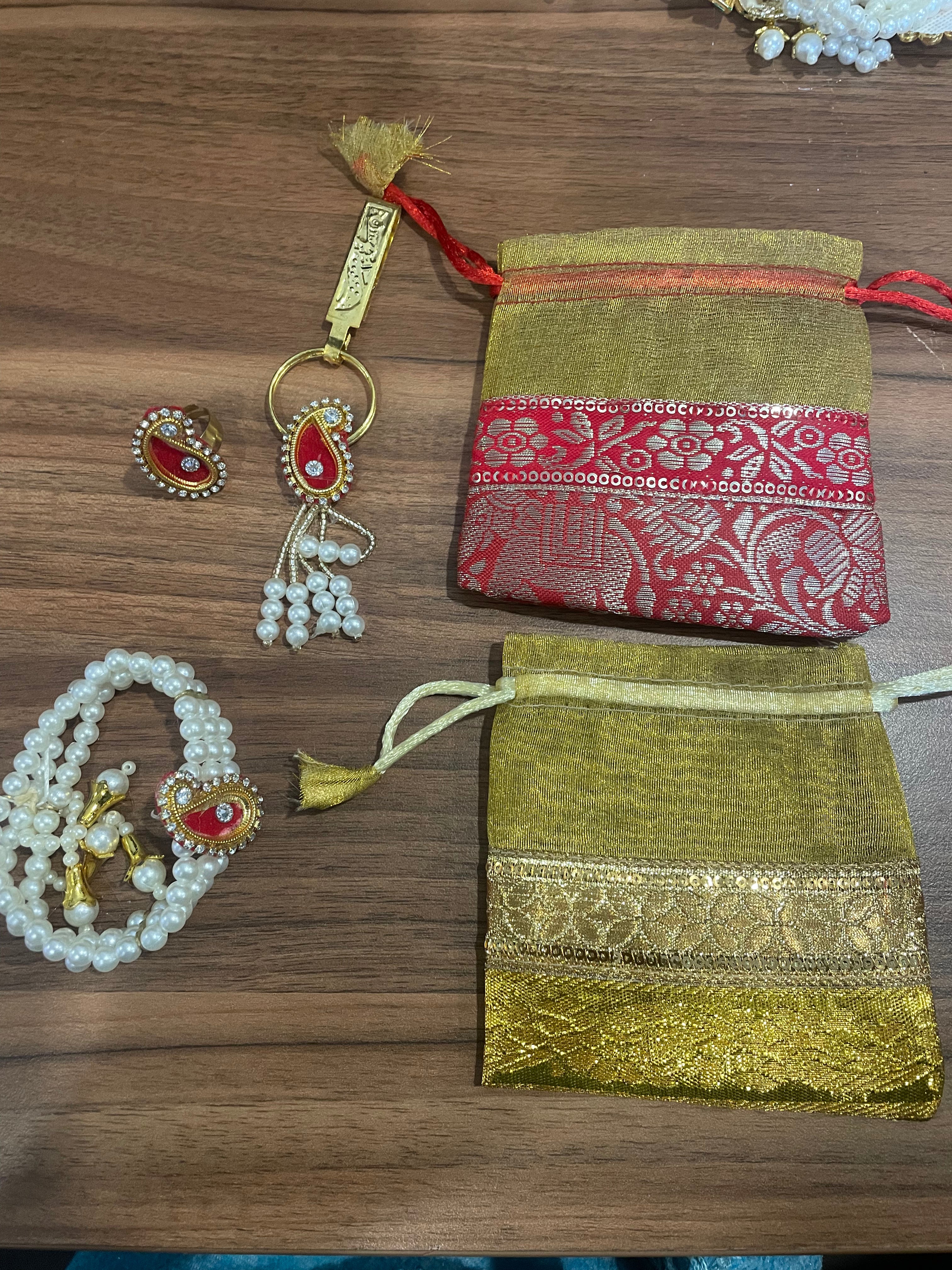 Return Gift Combo - Bracelet, Ring, Satka / Shyle Same Design in a Banarasi Potli