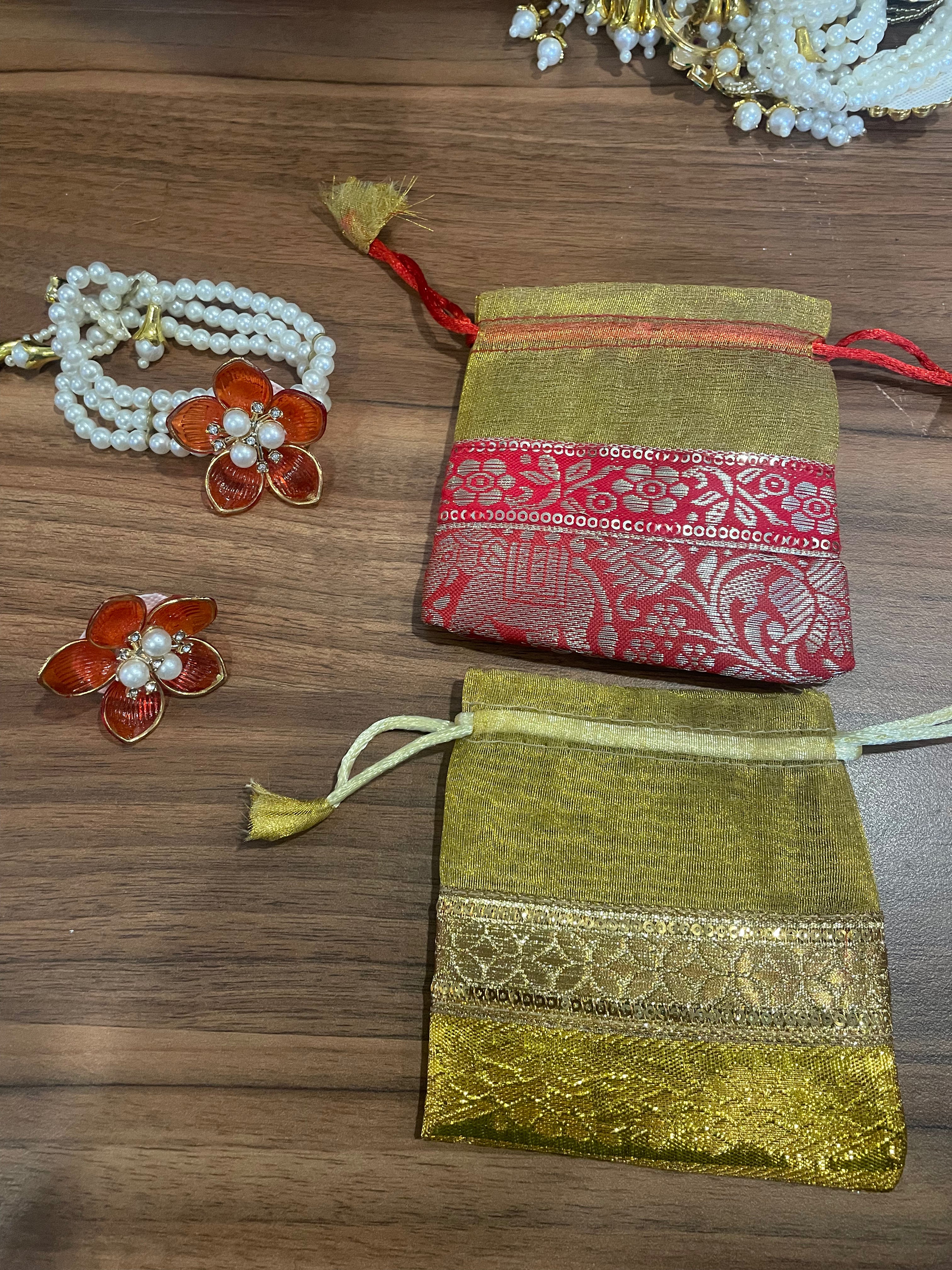 Return Gift Combo - Bracelet, Ring, Satka / Shyle Same Design in a Banarasi Potli