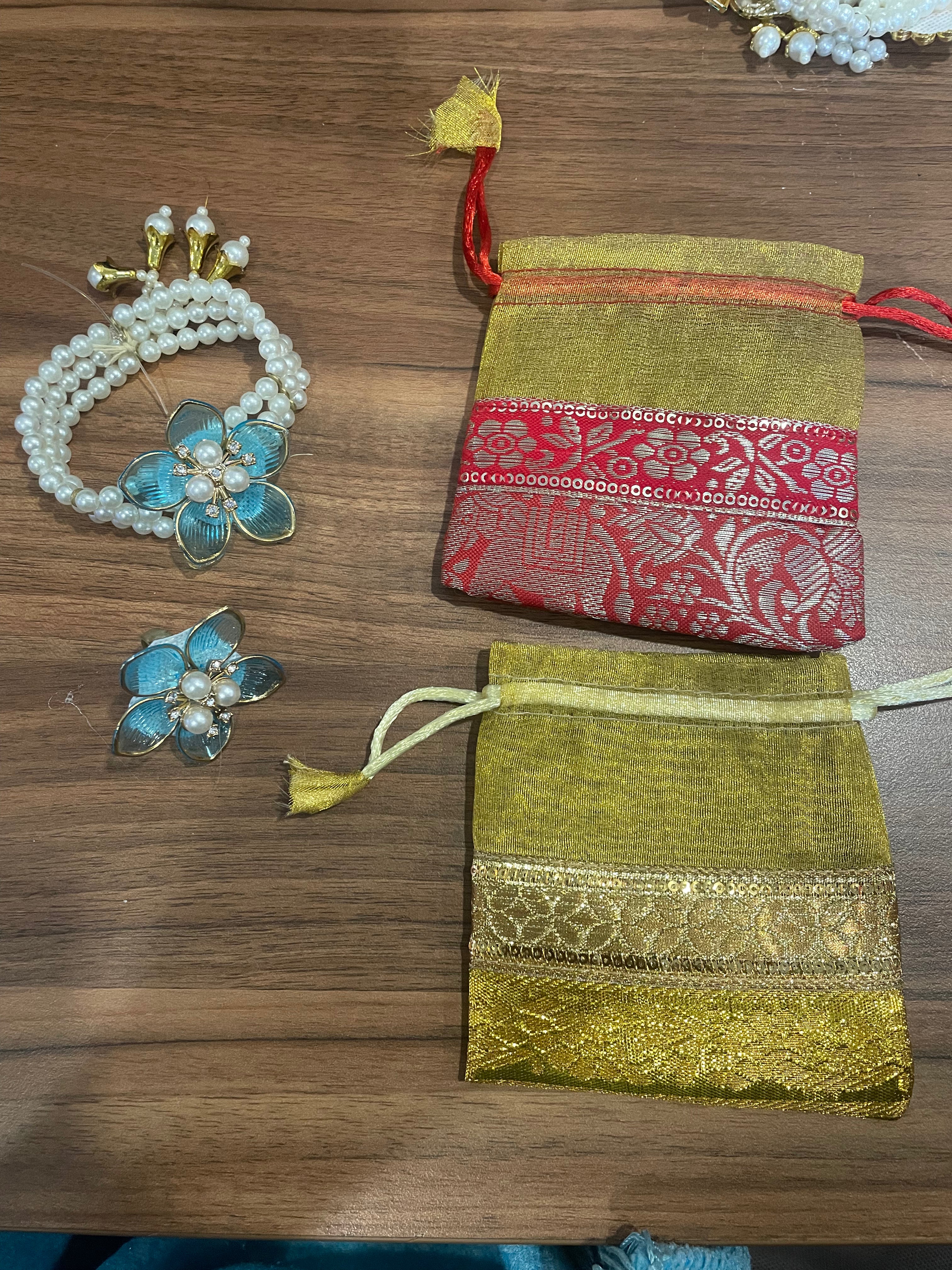 Return Gift Combo - Bracelet, Ring, Satka / Shyle Same Design in a Banarasi Potli