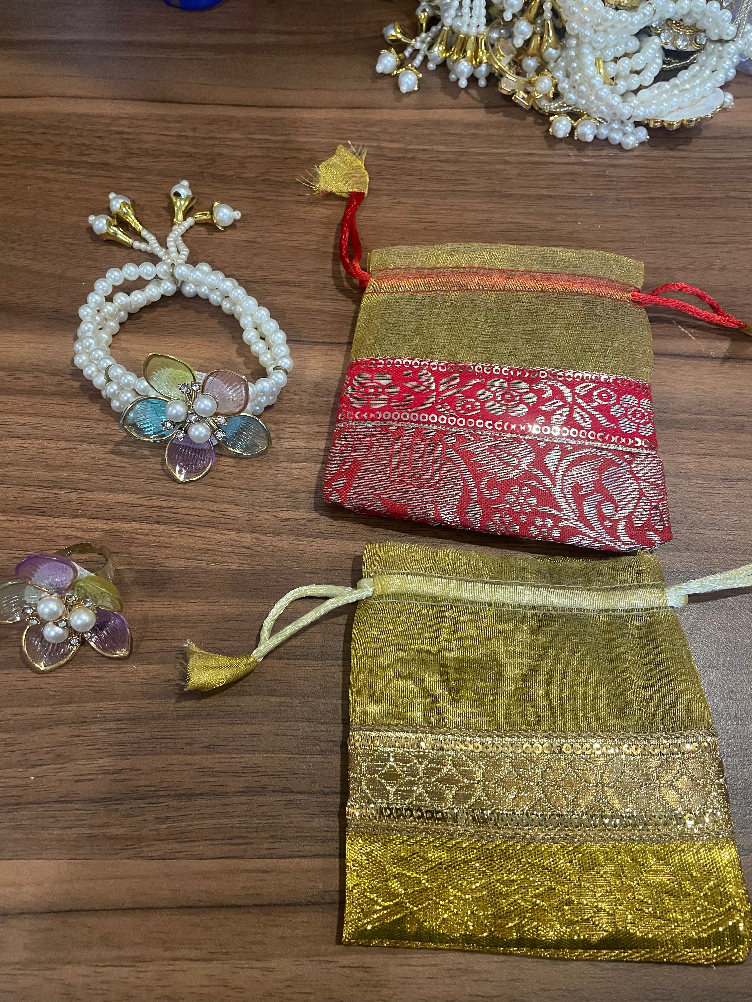 Return Gift Combo - Bracelet, Ring, Satka / Shyle Same Design in a Banarasi Potli