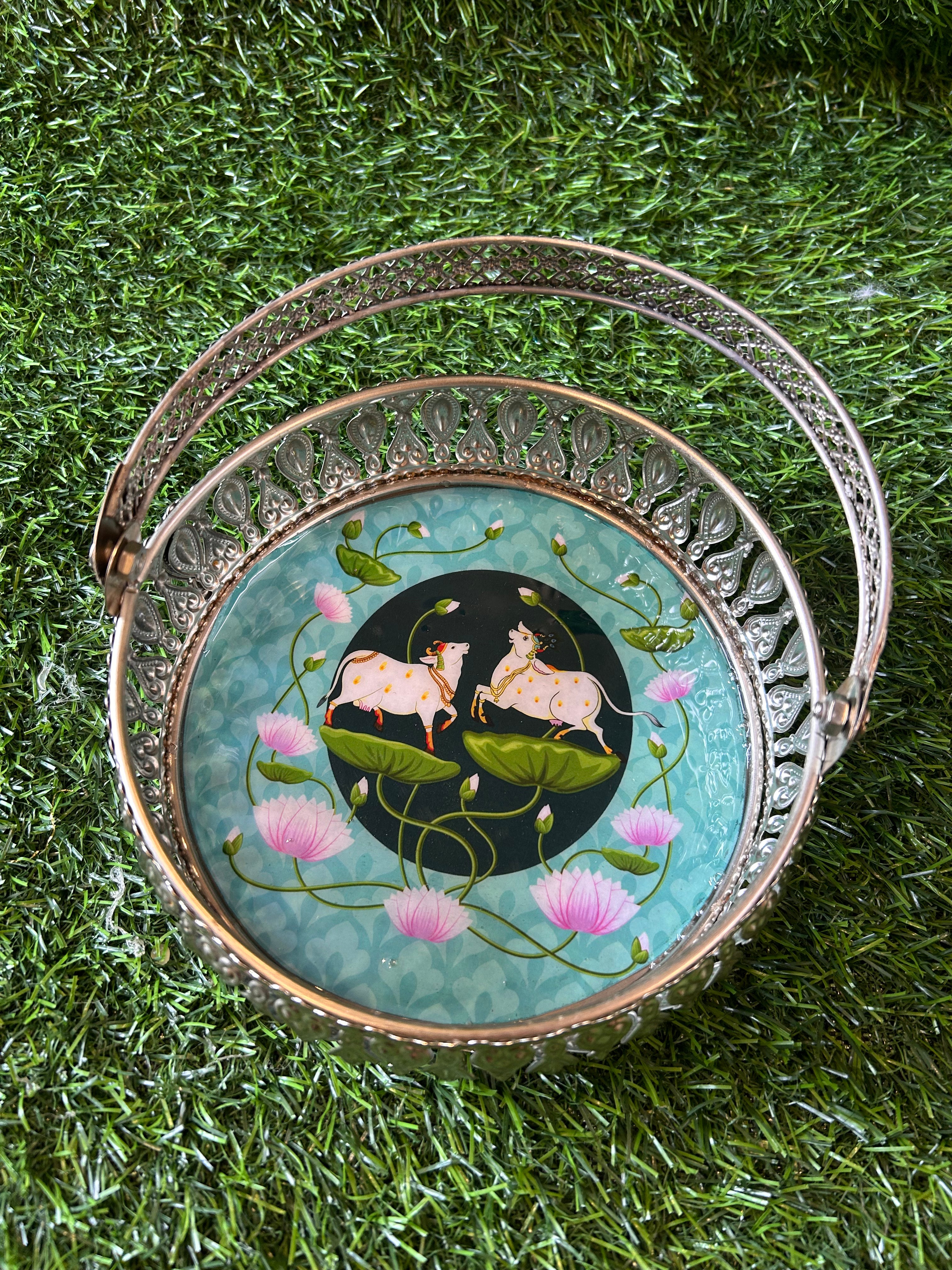 Pichwai German Silver Basket with Handle 6 inches size