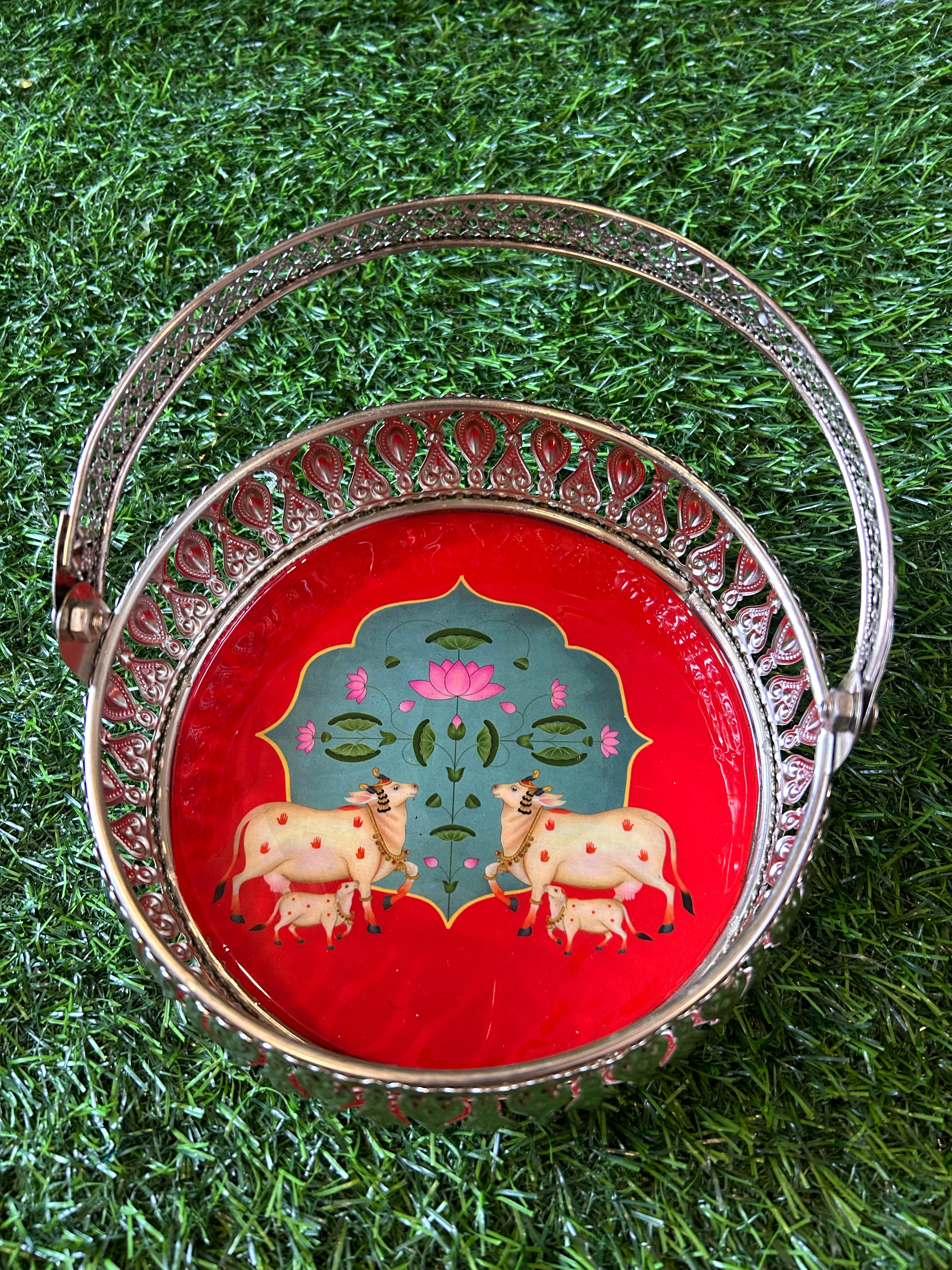 Pichwai German Silver Basket with Handle 6 inches size