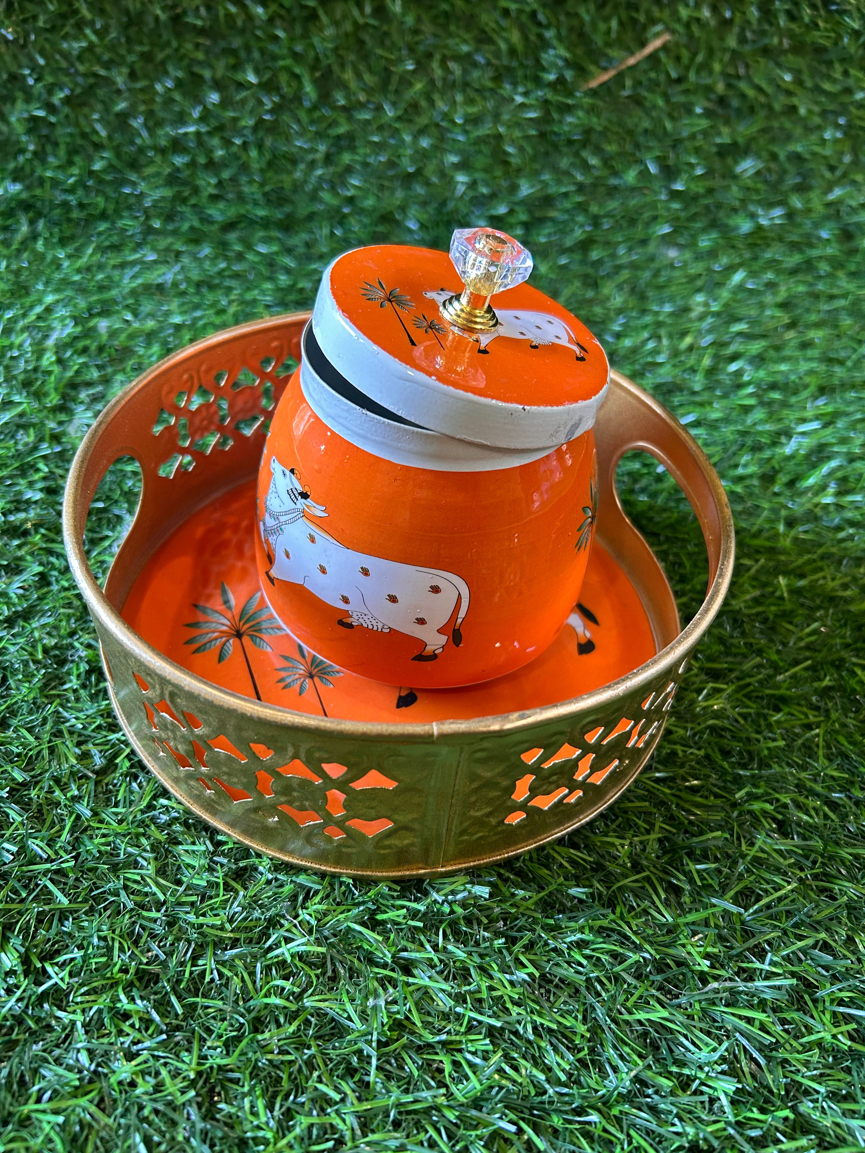 Pichwai Jar with tray in Brass finish 6 inches size