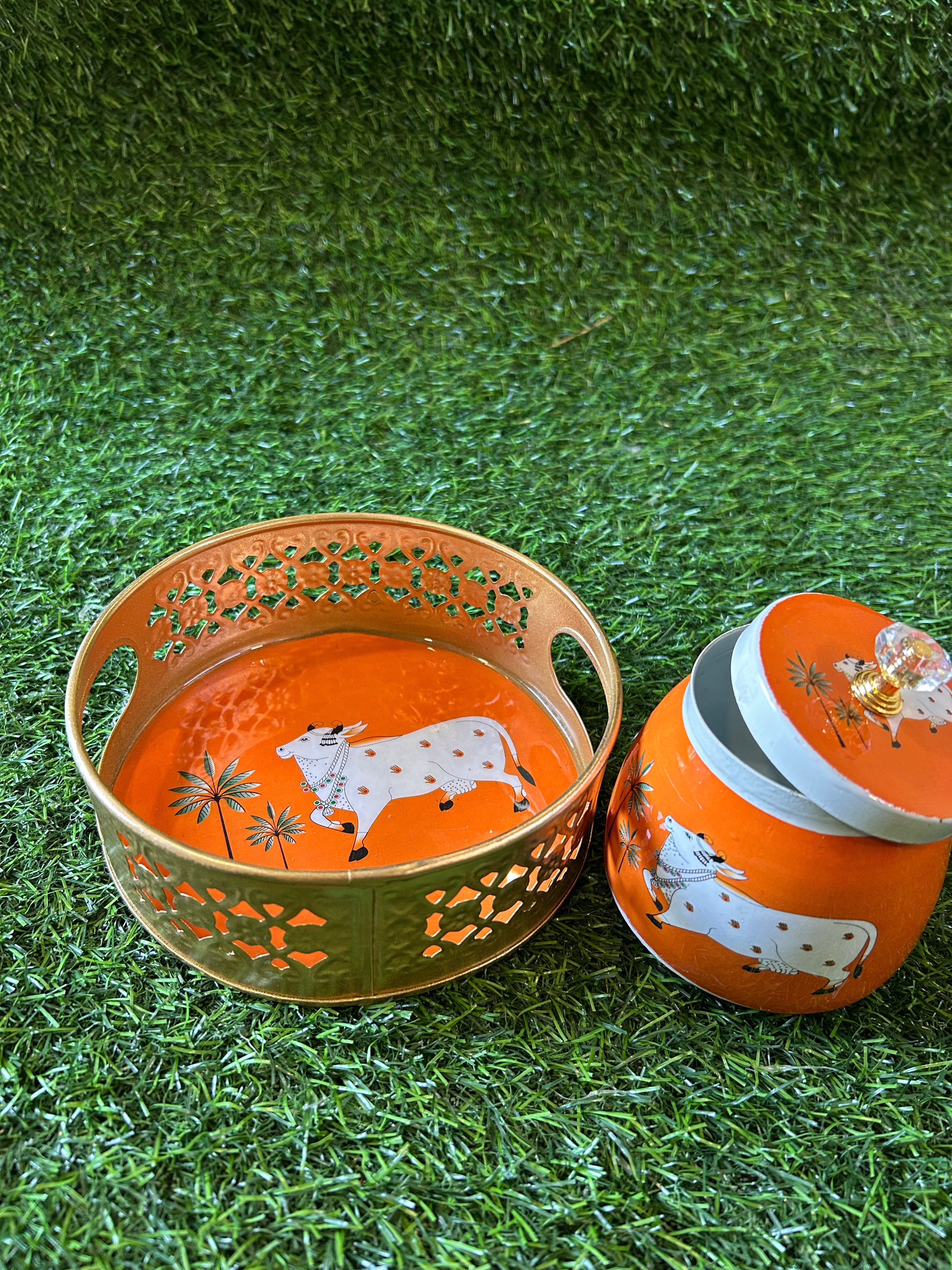 Pichwai Jar with tray in Brass finish 6 inches size