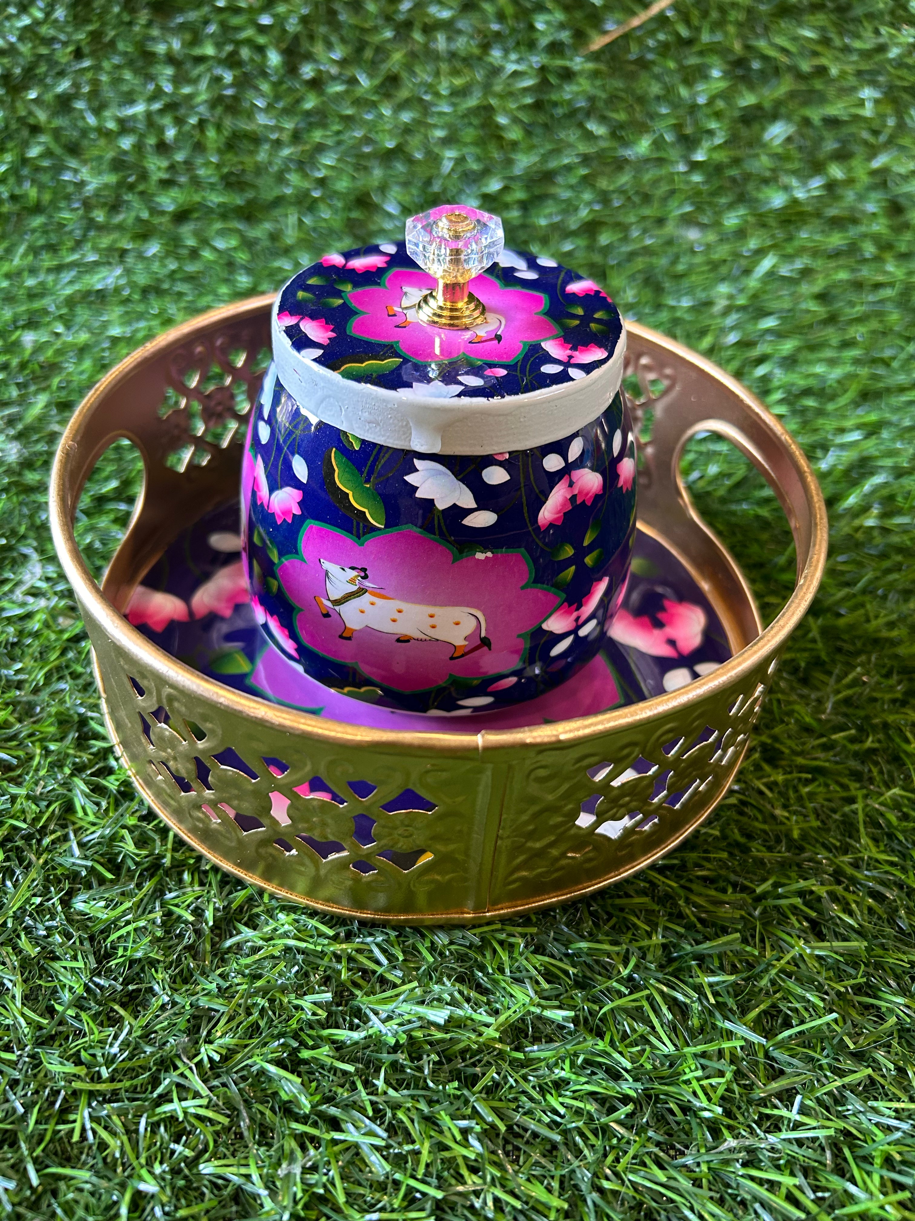 Pichwai Jar with tray in Brass finish 6 inches size