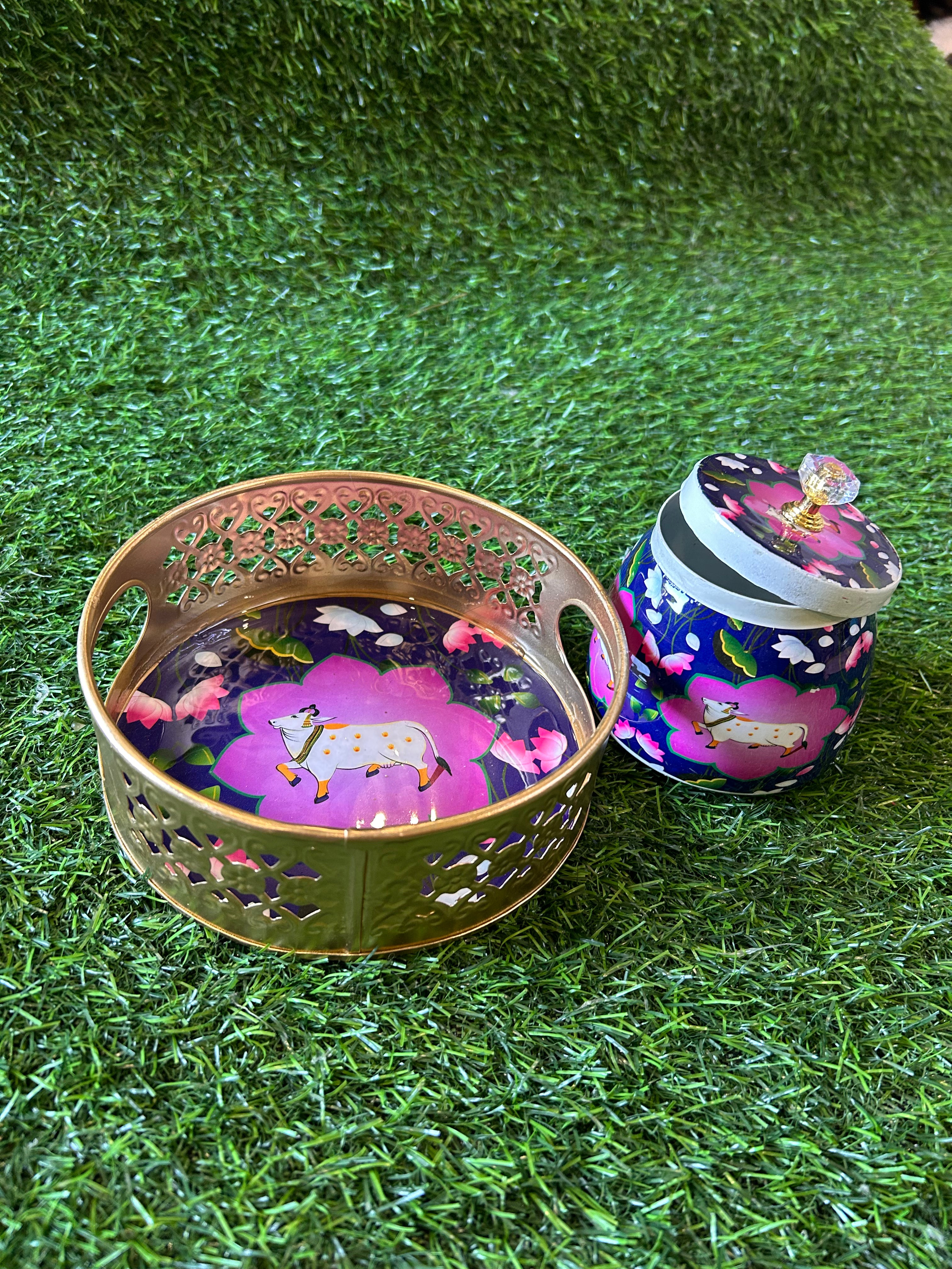 Pichwai Jar with tray in Brass finish 6 inches size