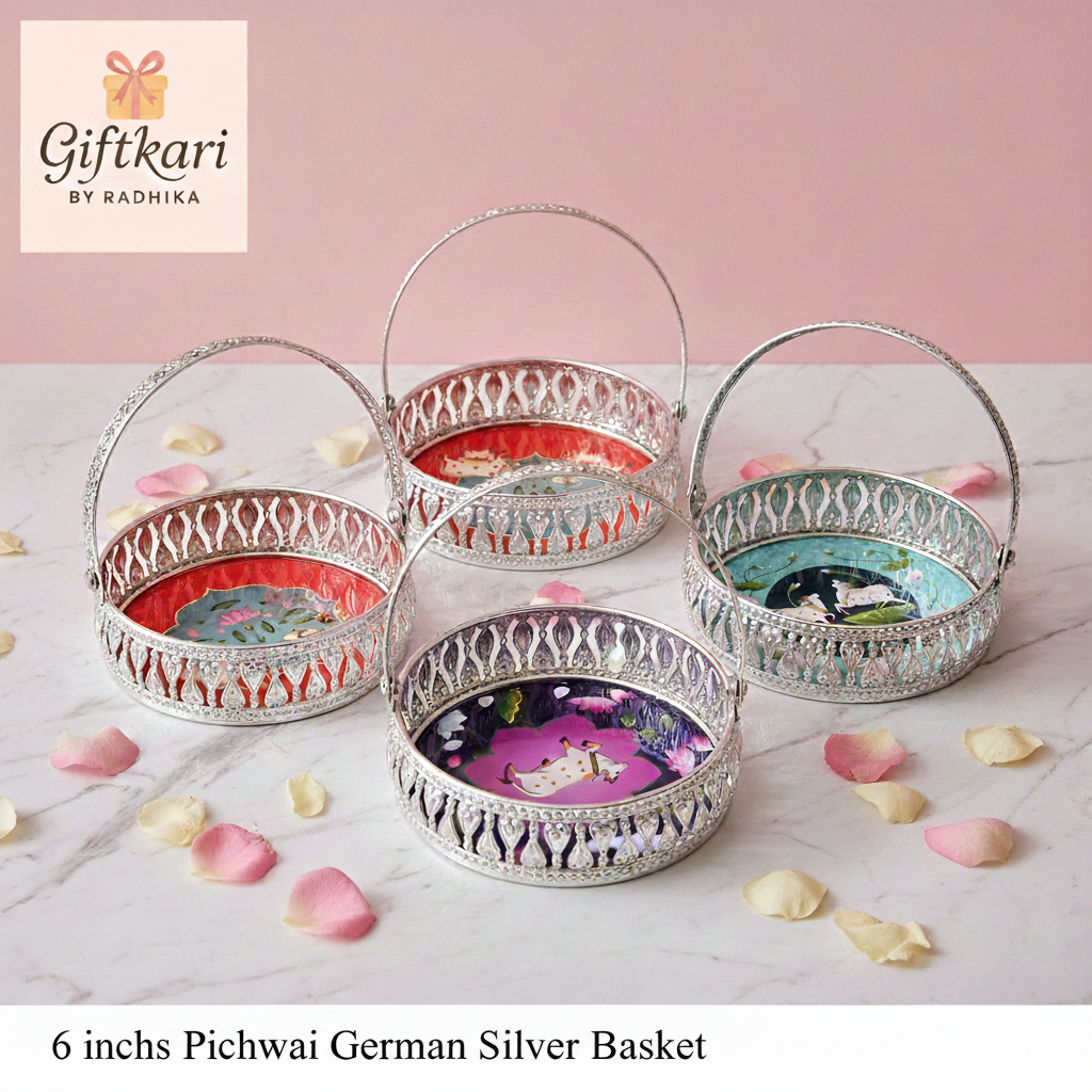 Pichwai German Silver Basket with Handle 6 inches size
