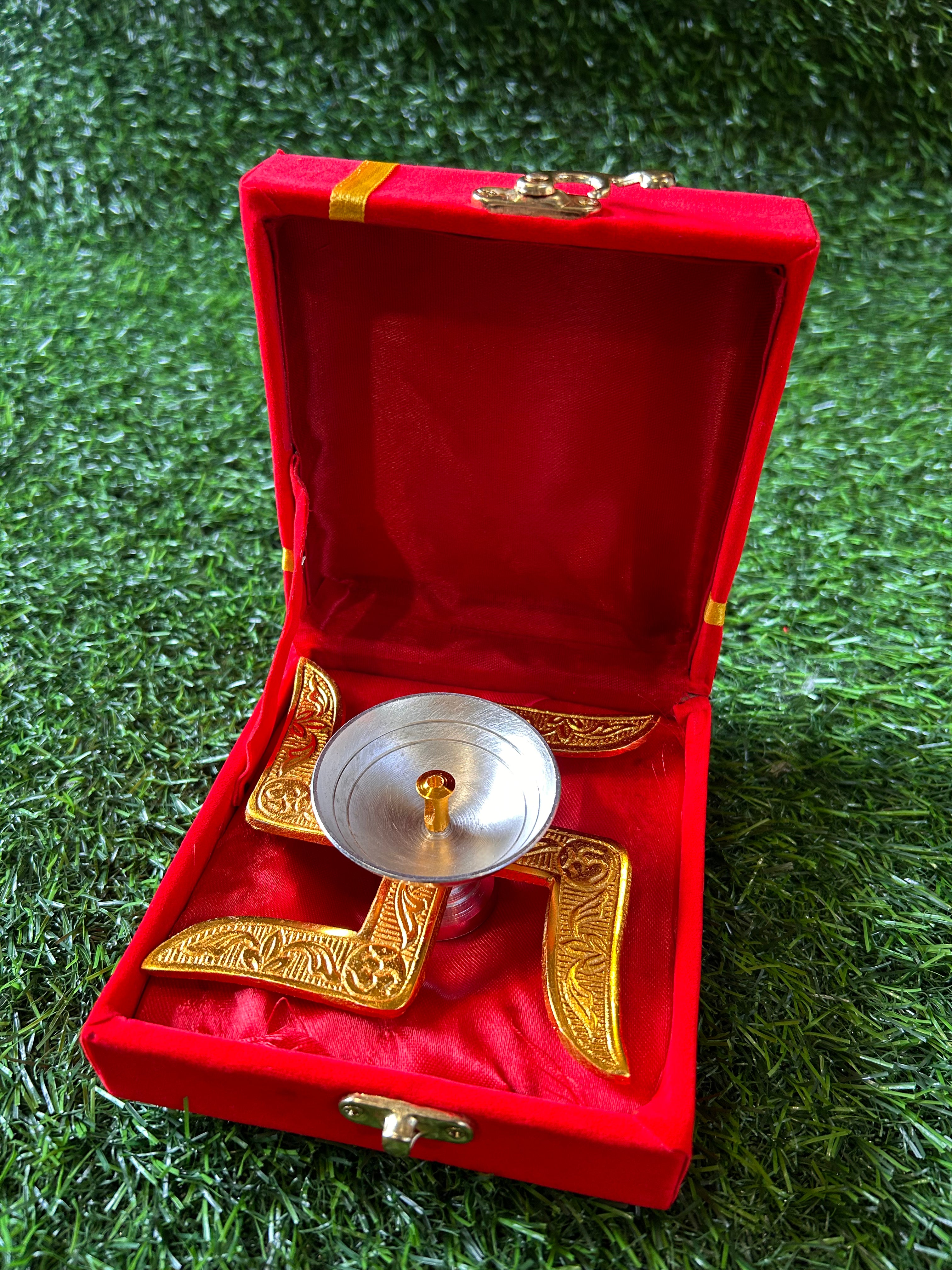 Swastik Diya German Silver and Gold finish with velvet box