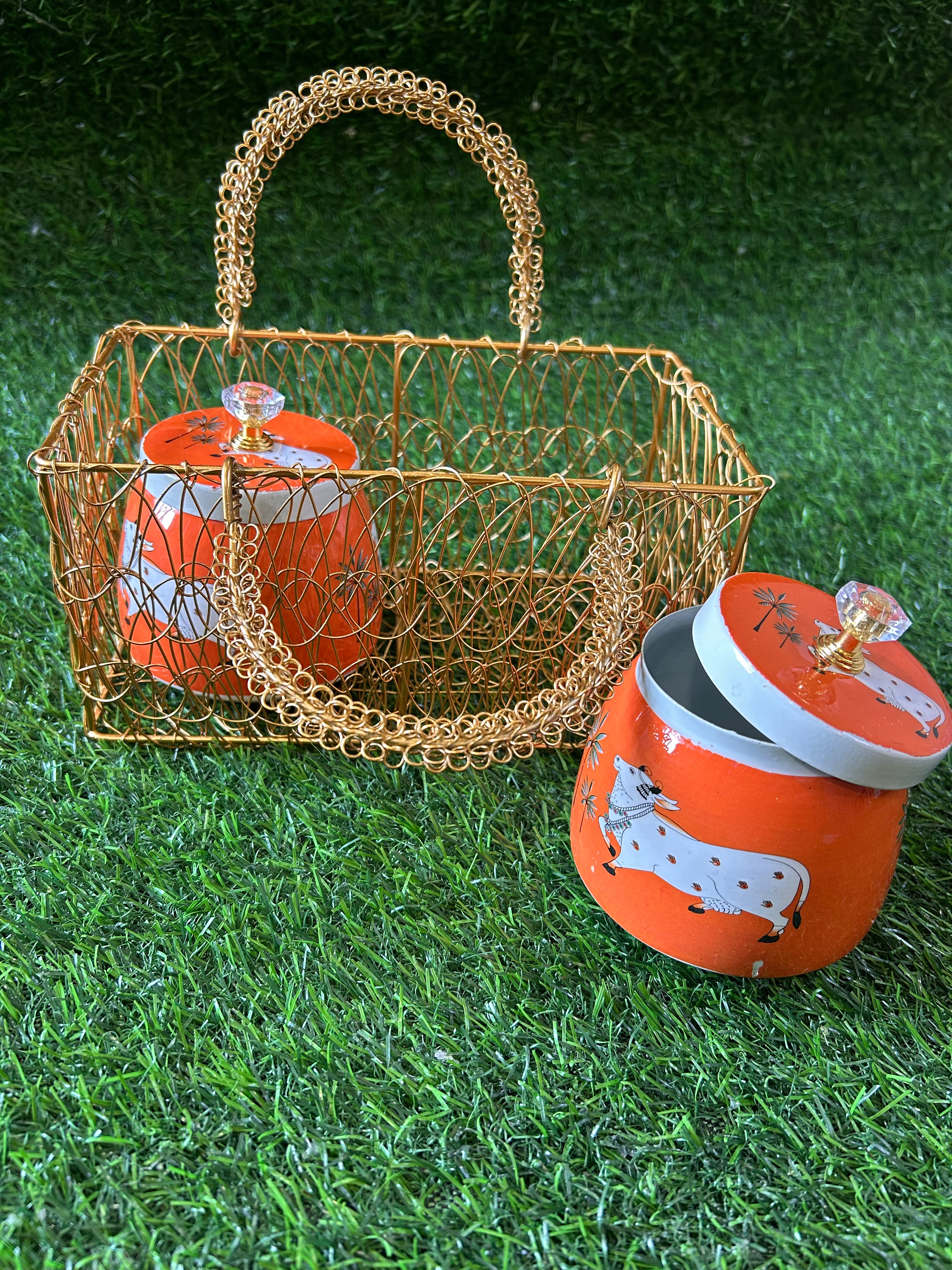 Pichwai jars set of two with wire basket combo