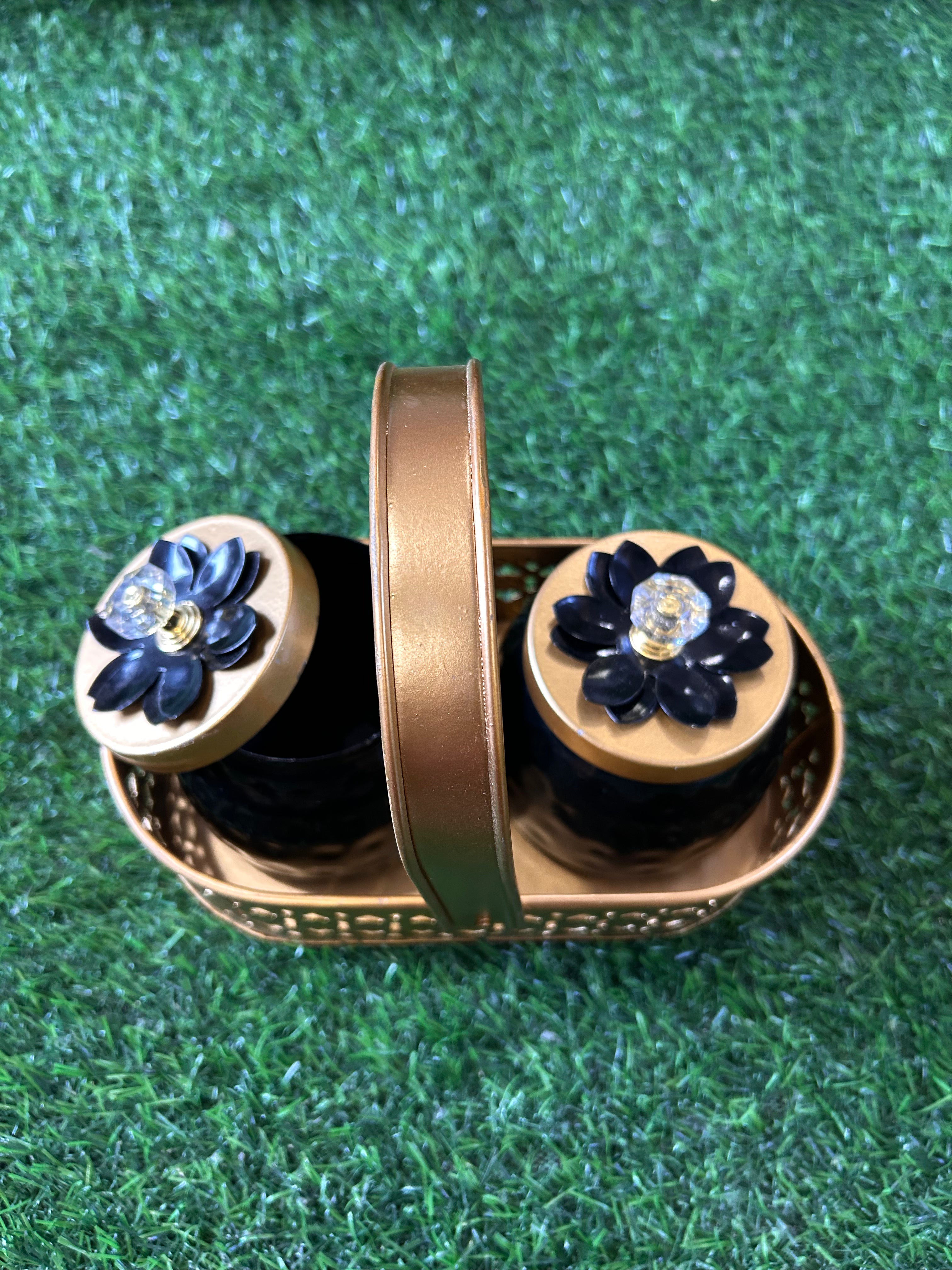 Black / White Jar set of Two with Brass Finish Basket Combo