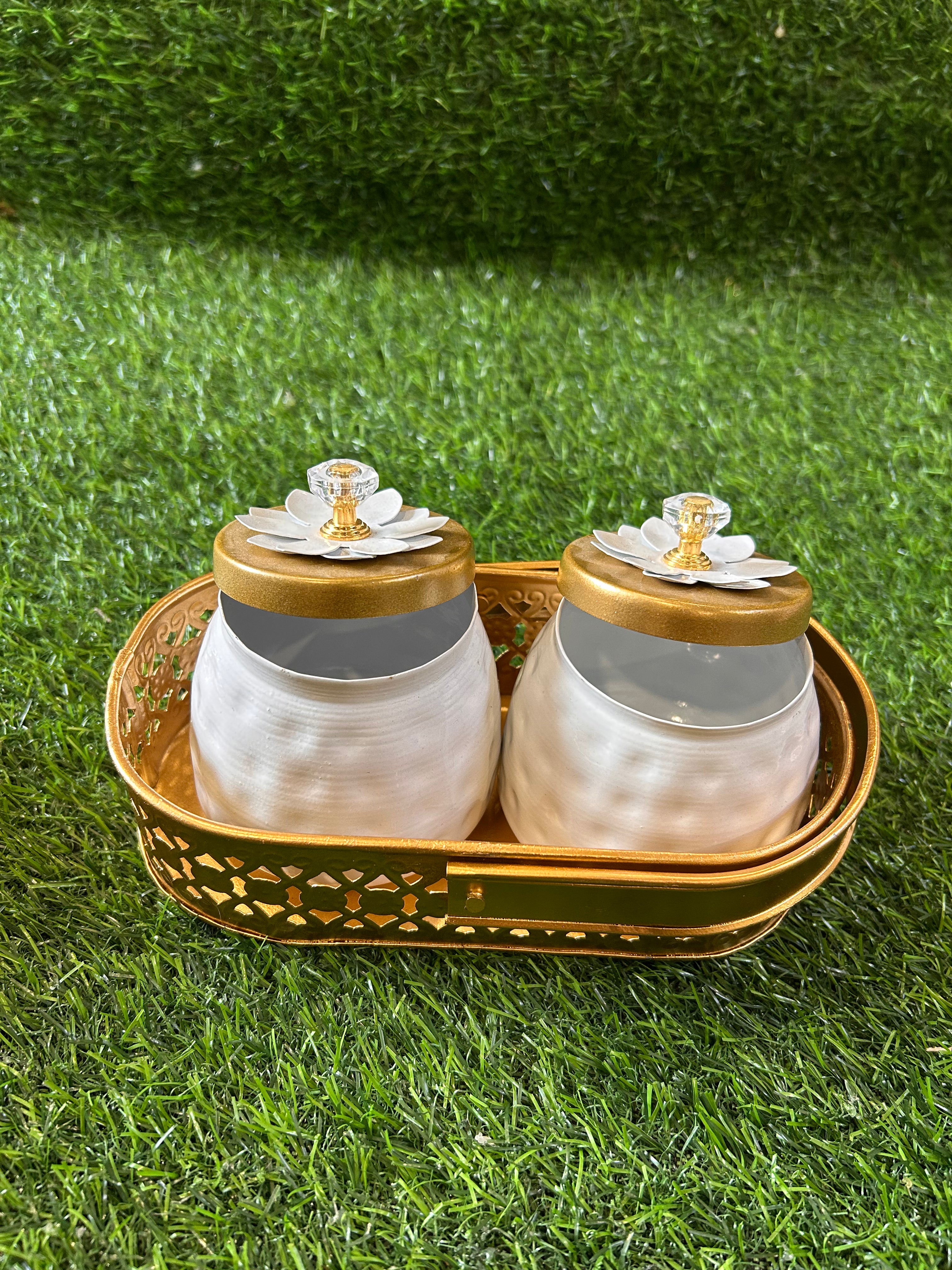 Black / White Jar set of Two with Brass Finish Basket Combo