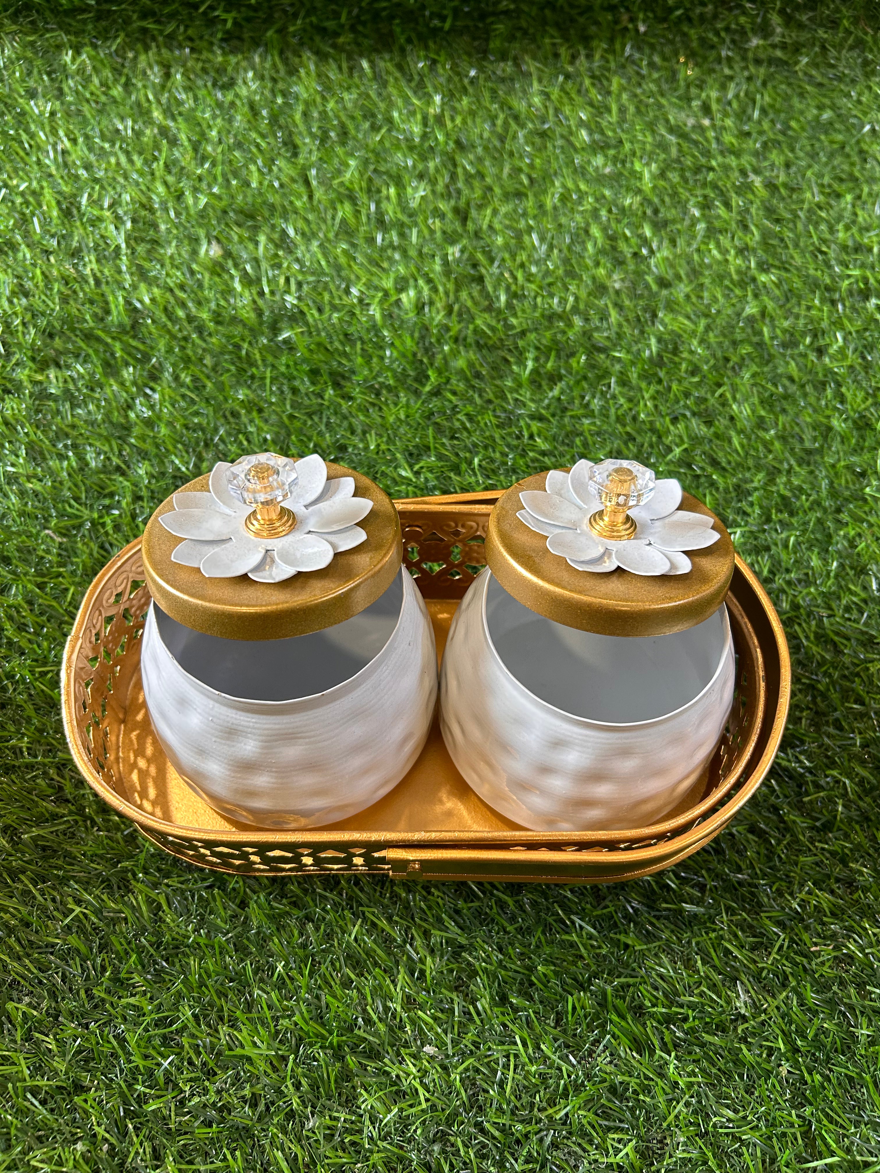 Black / White Jar set of Two with Brass Finish Basket Combo