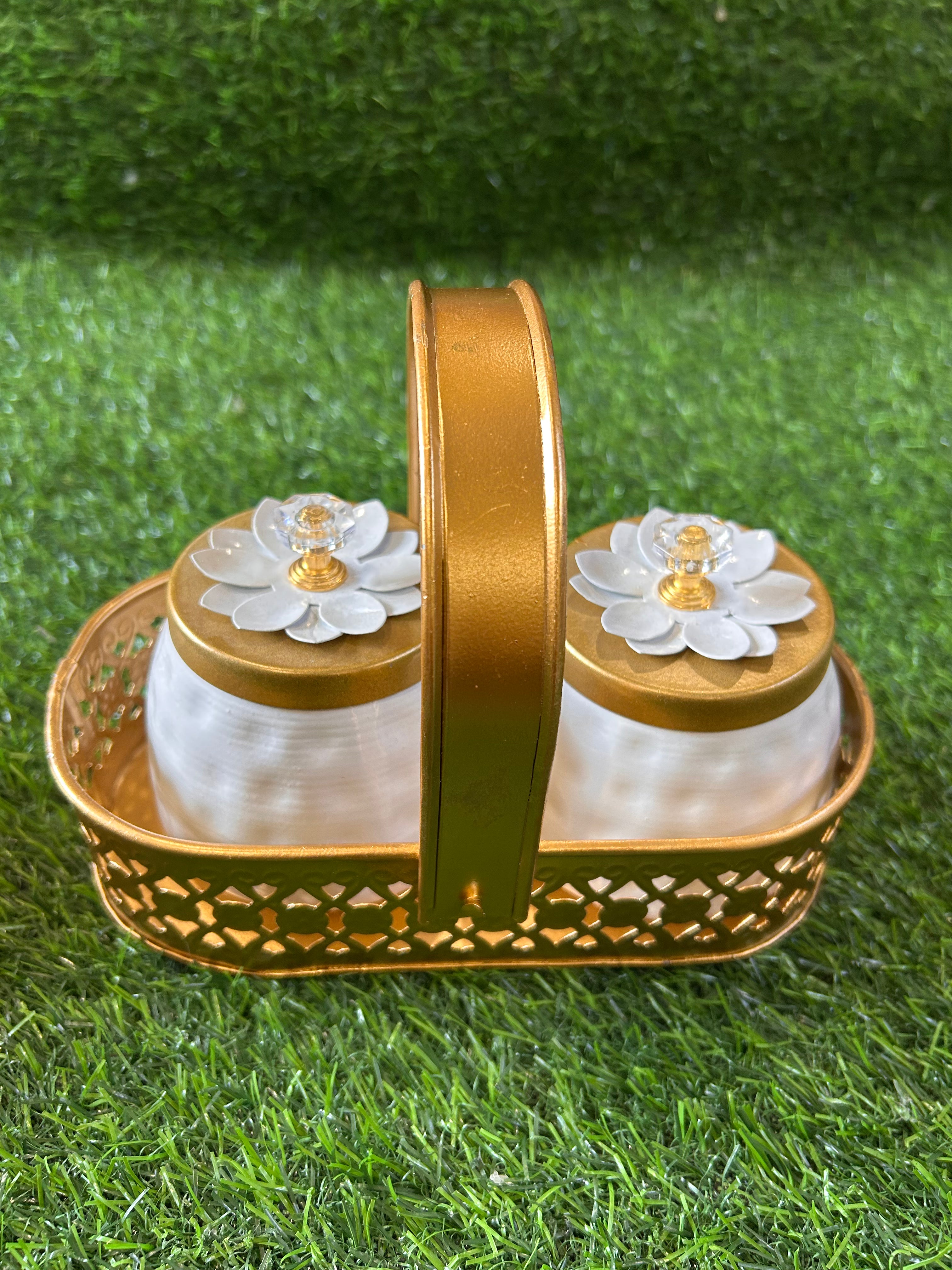 Black / White Jar set of Two with Brass Finish Basket Combo