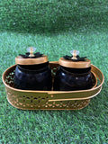 Black / White Jar set of Two with Brass Finish Basket Combo
