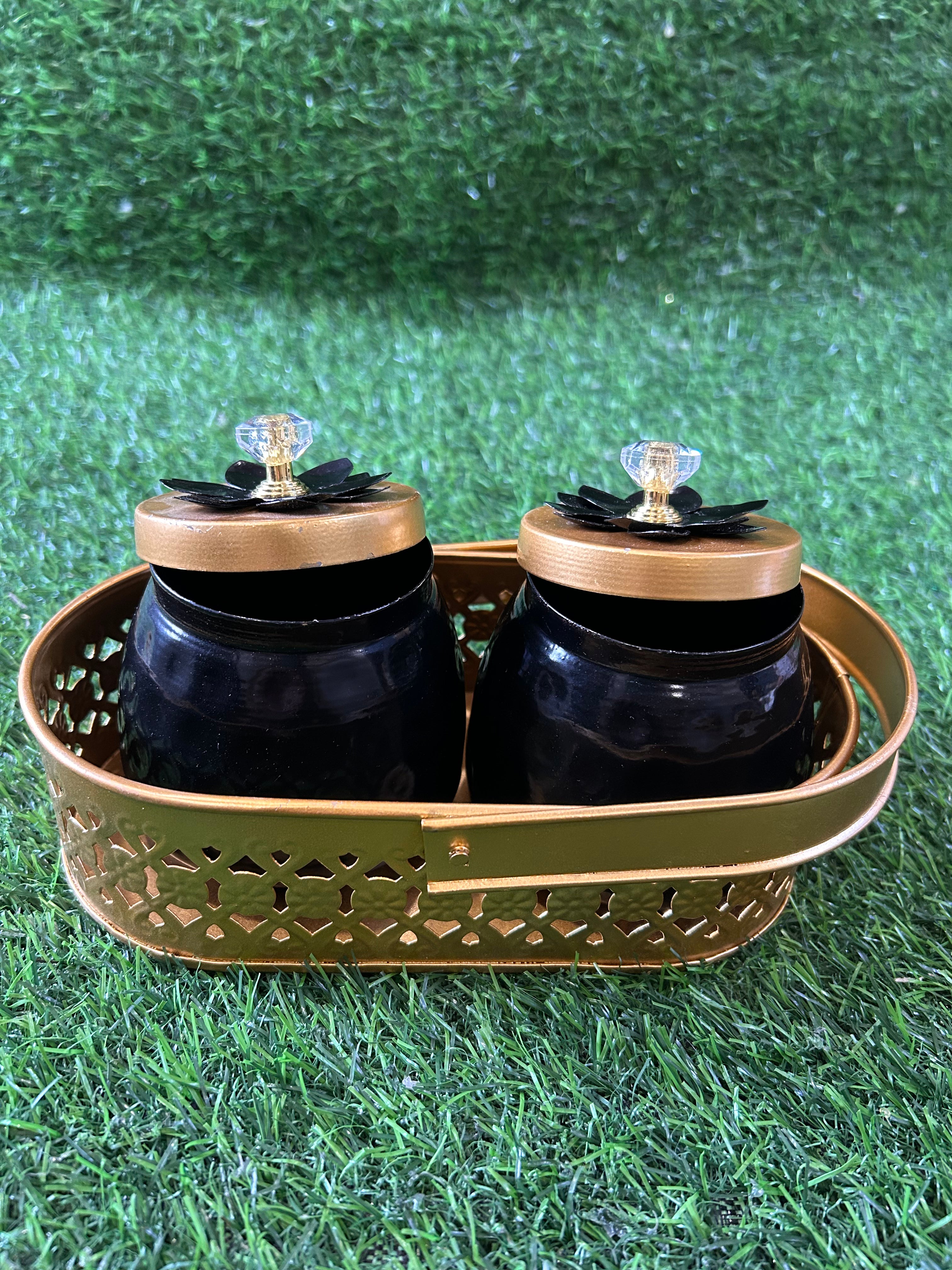 Black / White Jar set of Two with Brass Finish Basket Combo