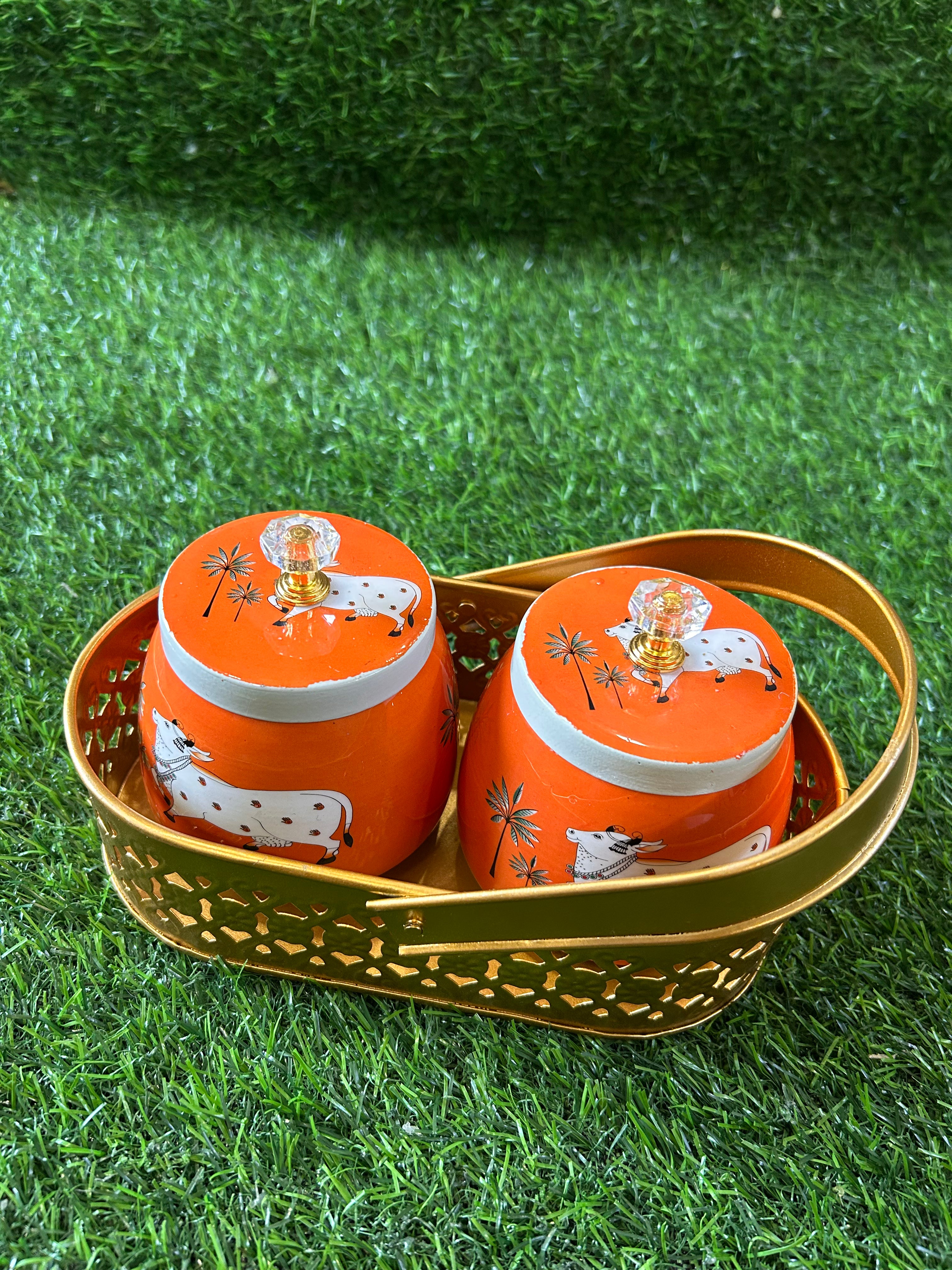Pichwai Jars set of two with Brass finish basket Combo