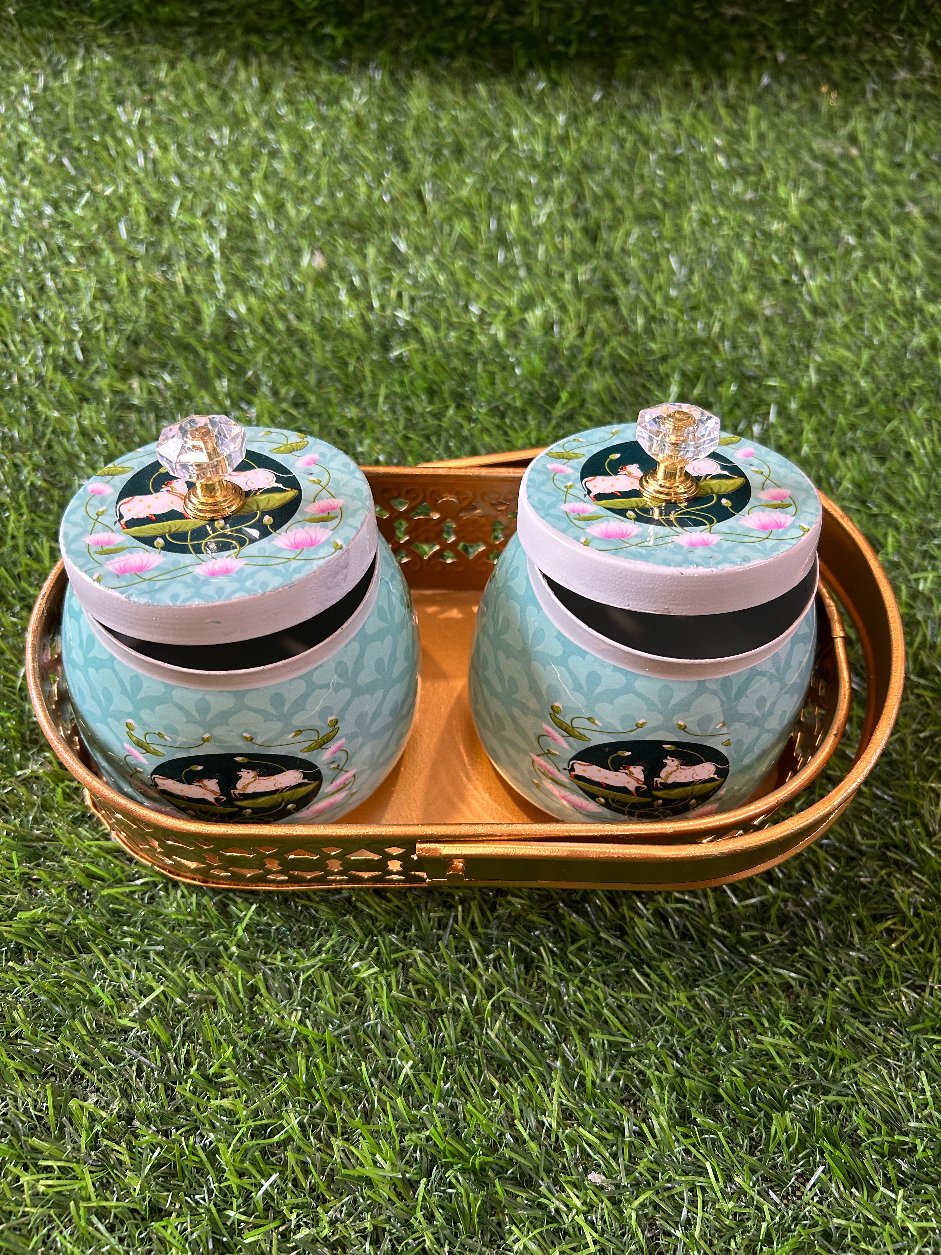 Pichwai Jars set of two with Brass finish basket Combo