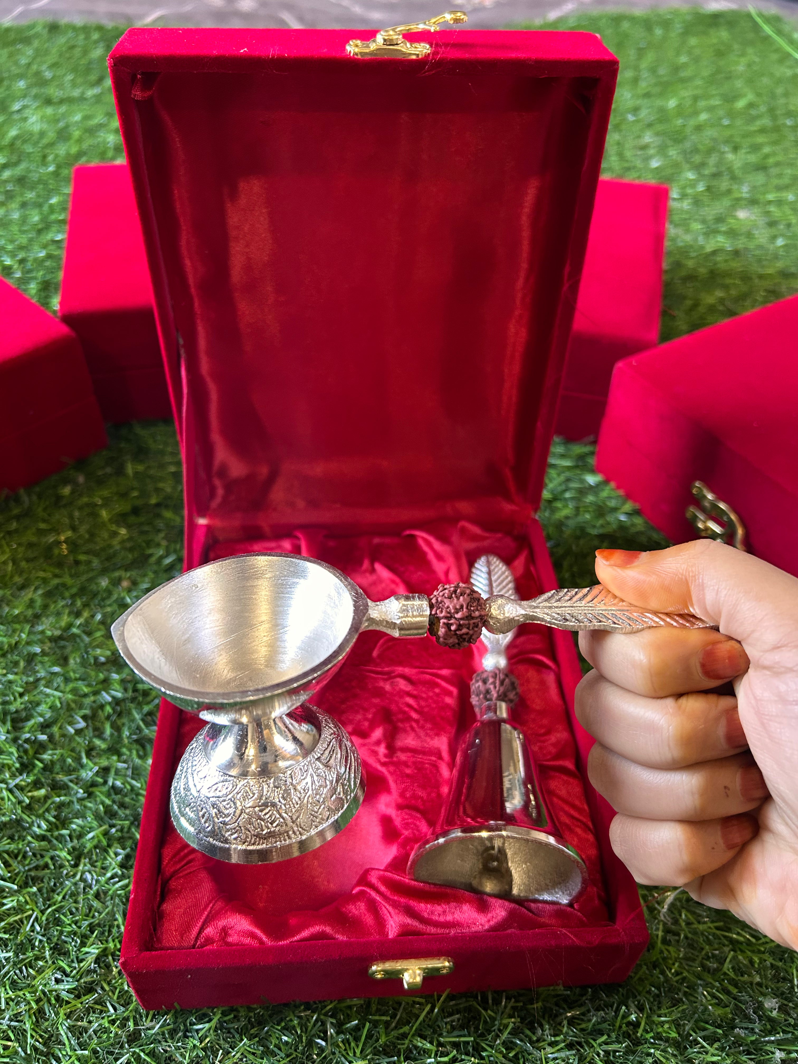 German Silver Rudraksh Bell and Aarti Combo