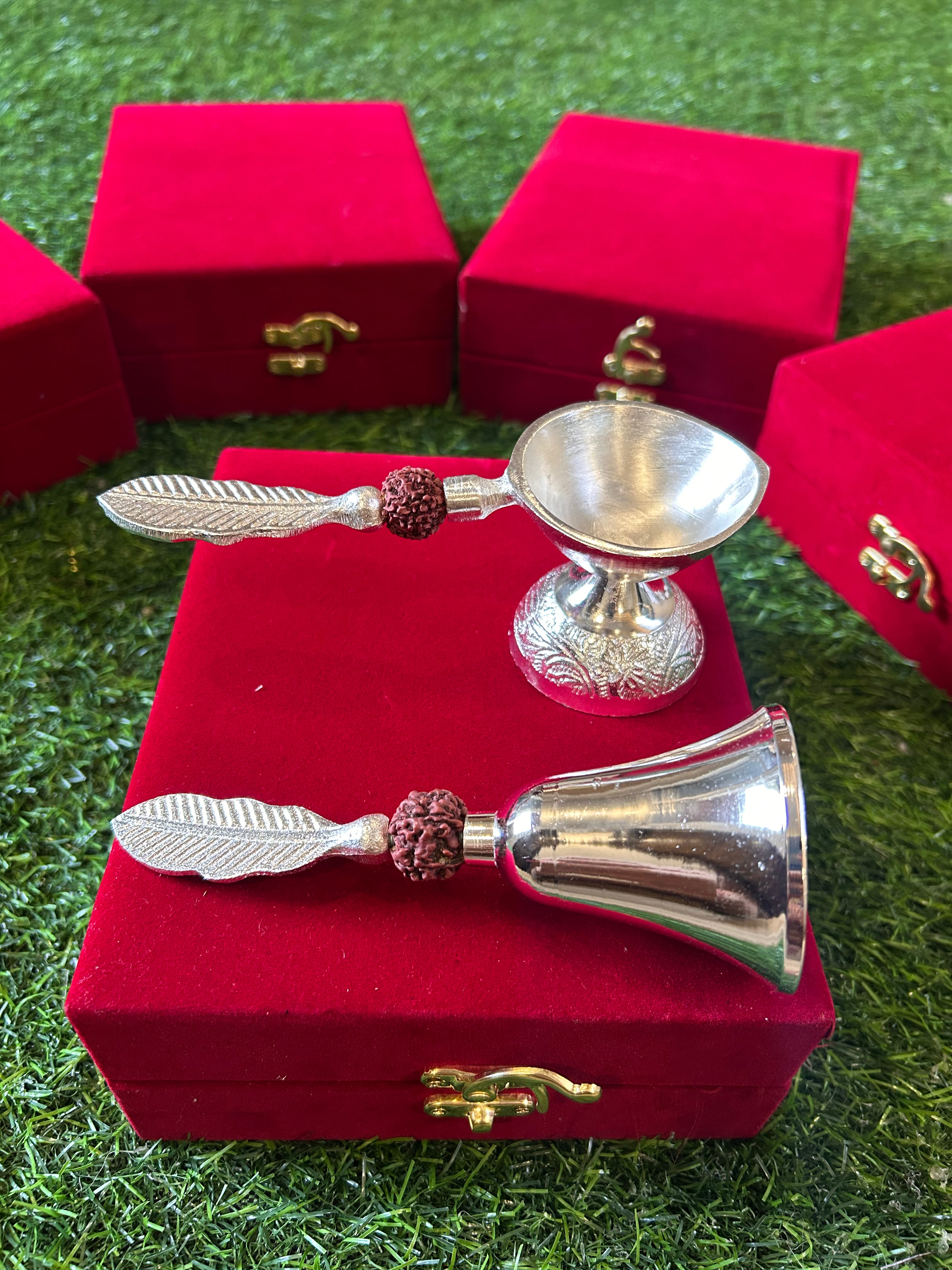 German Silver Rudraksh Bell and Aarti Combo