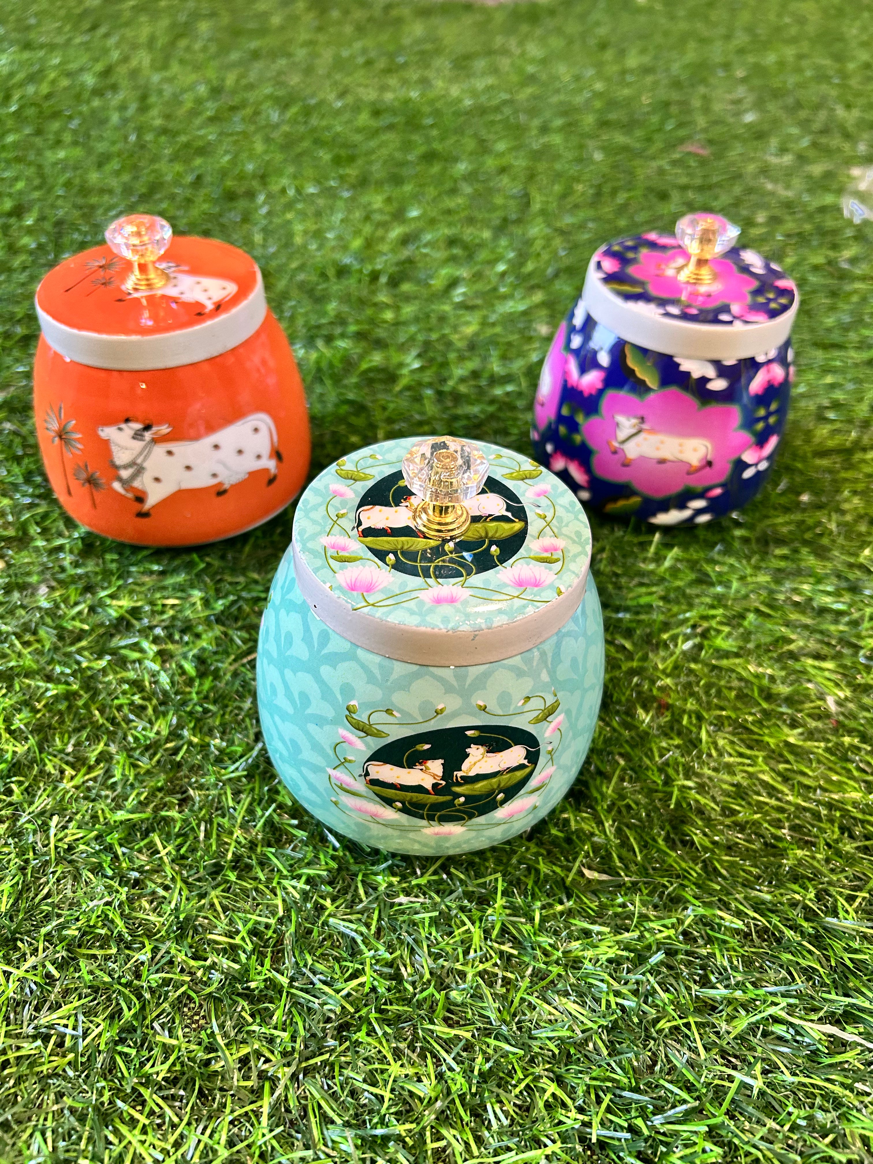 Pichwai Metal Jar 4 Inches (Assorted Colors)