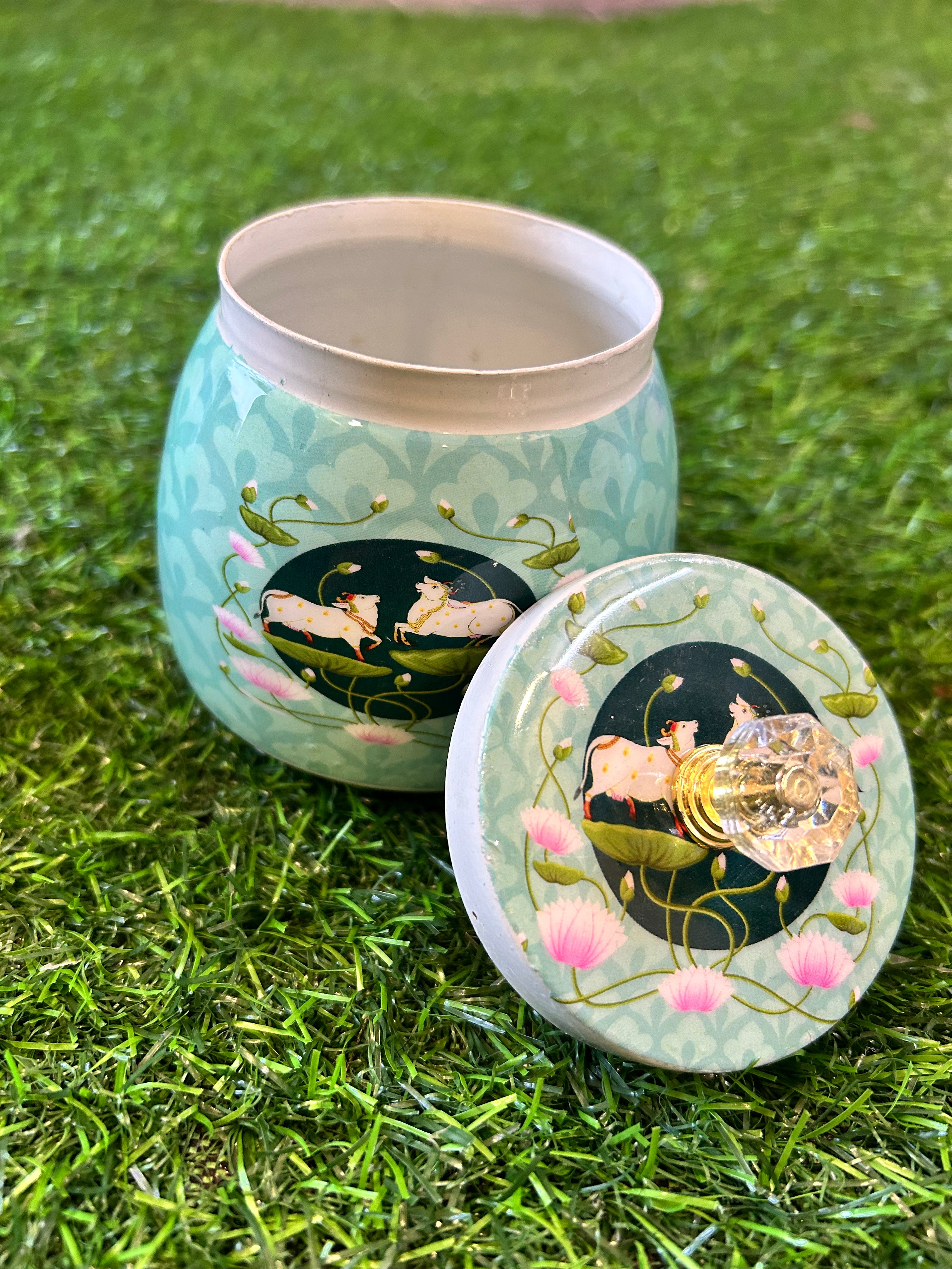 Pichwai Metal Jar 4 Inches (Assorted Colors)