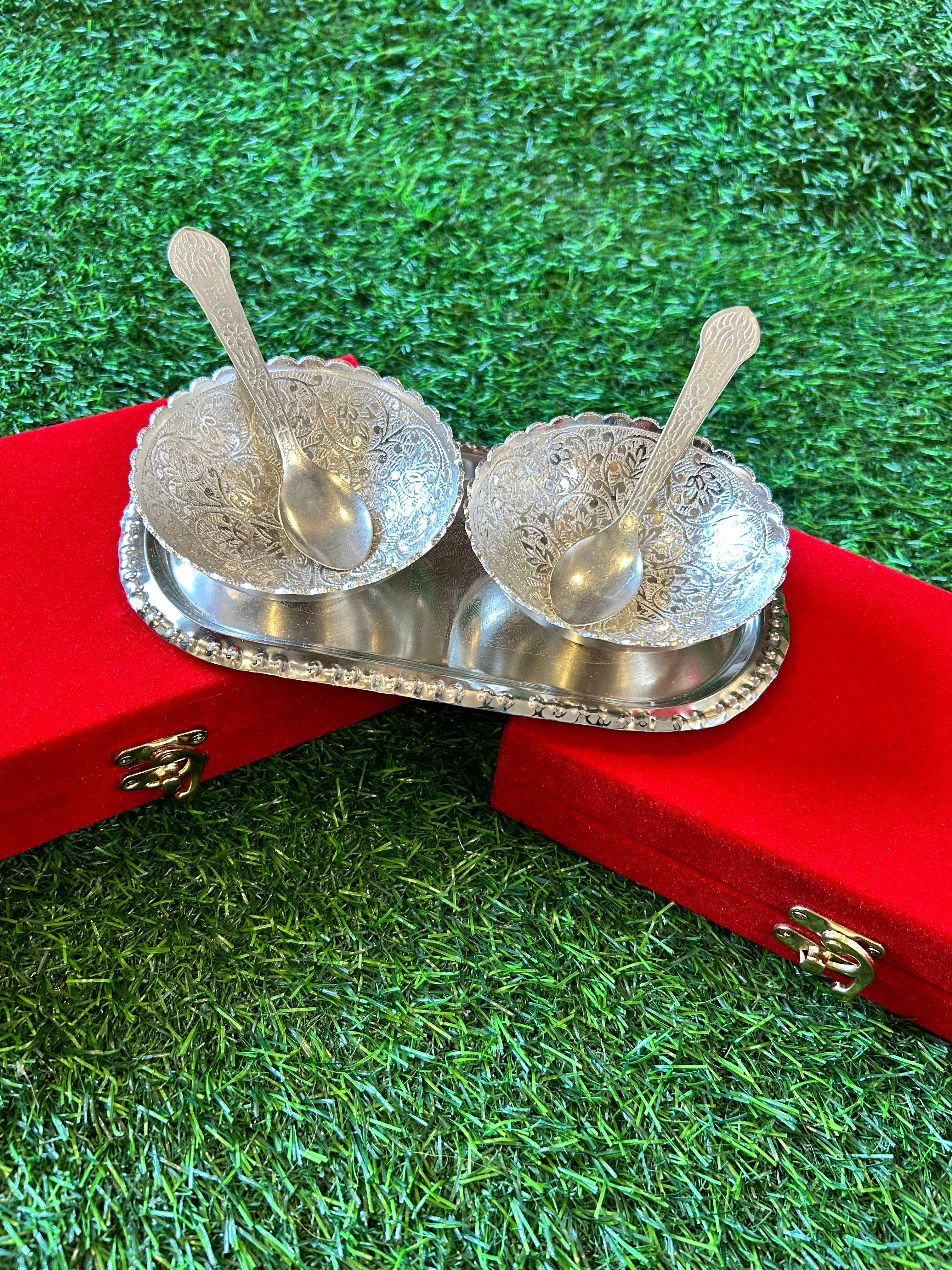 German Silver two spoon-bowl set with tray