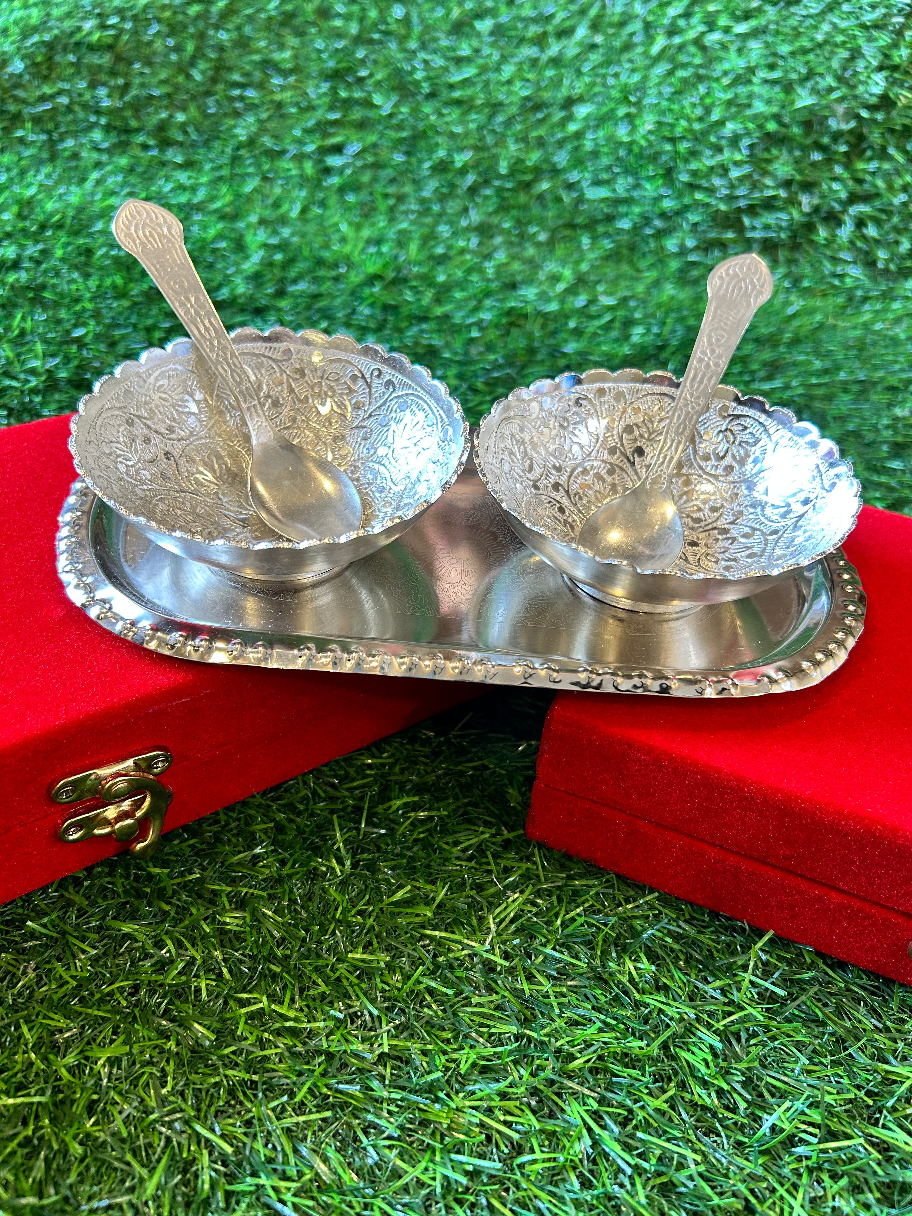 German Silver two spoon-bowl set with tray