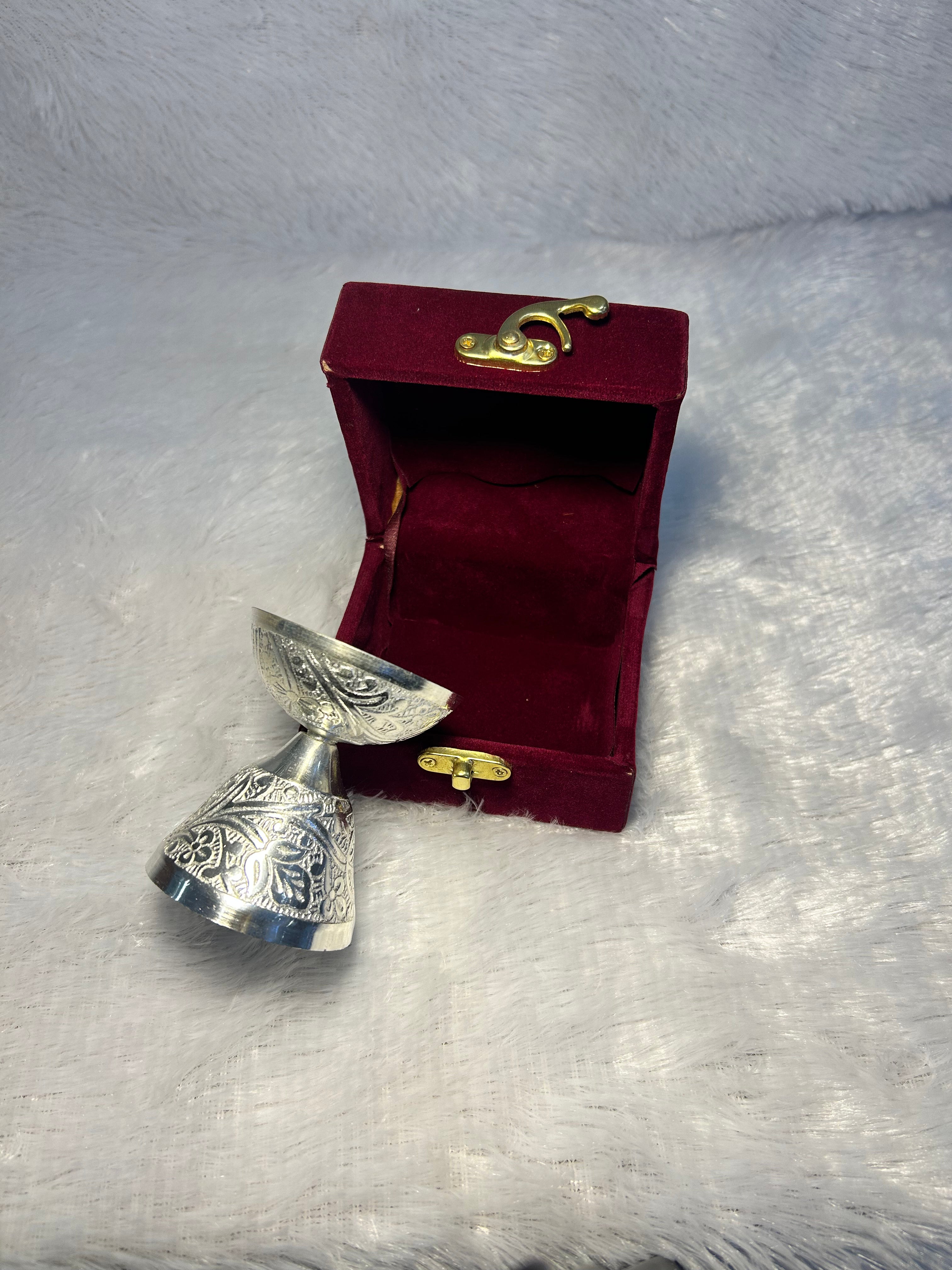 Premium Embossed German Silver Diya in Velvet Box