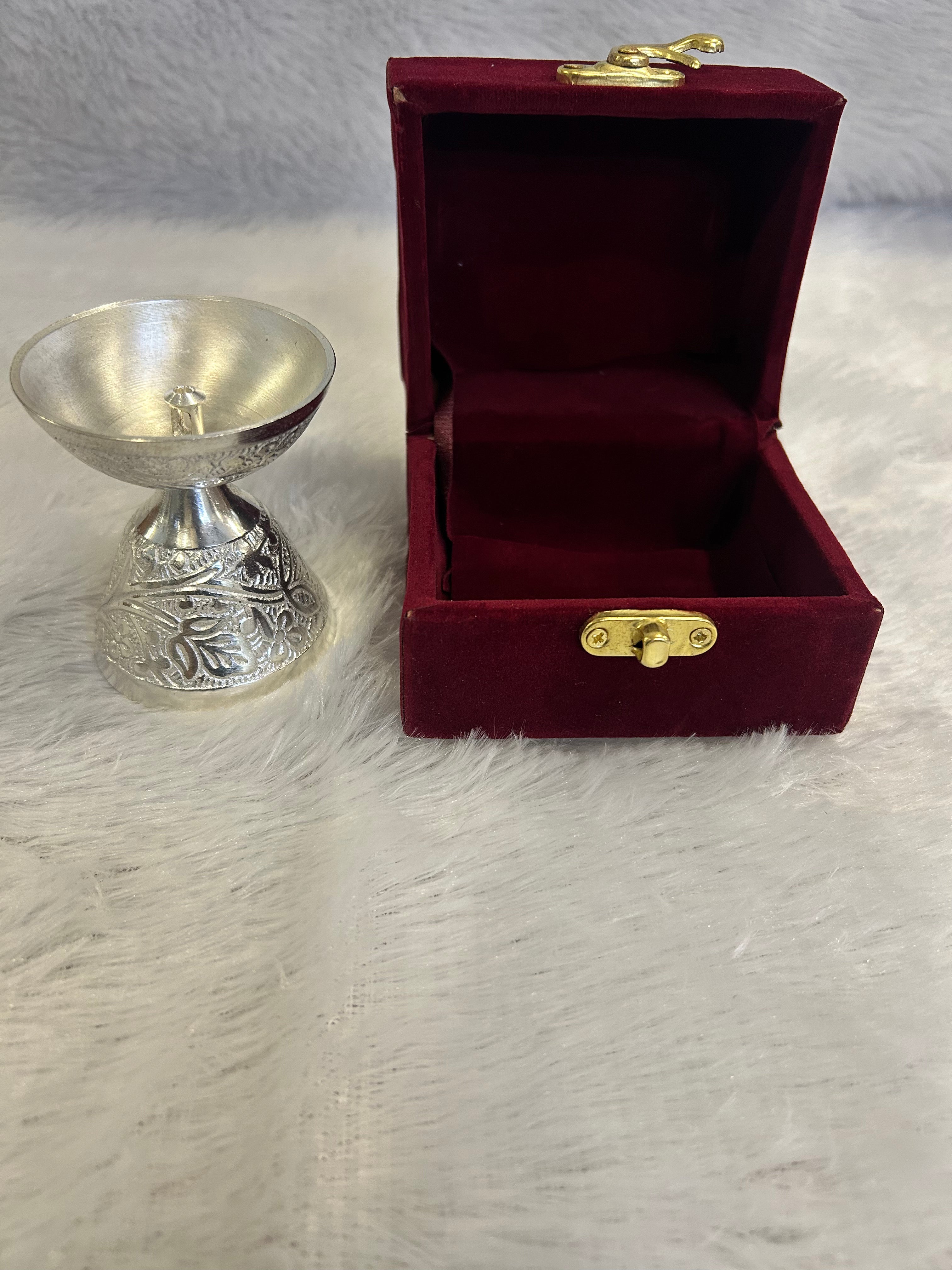 Premium Embossed German Silver Diya in Velvet Box