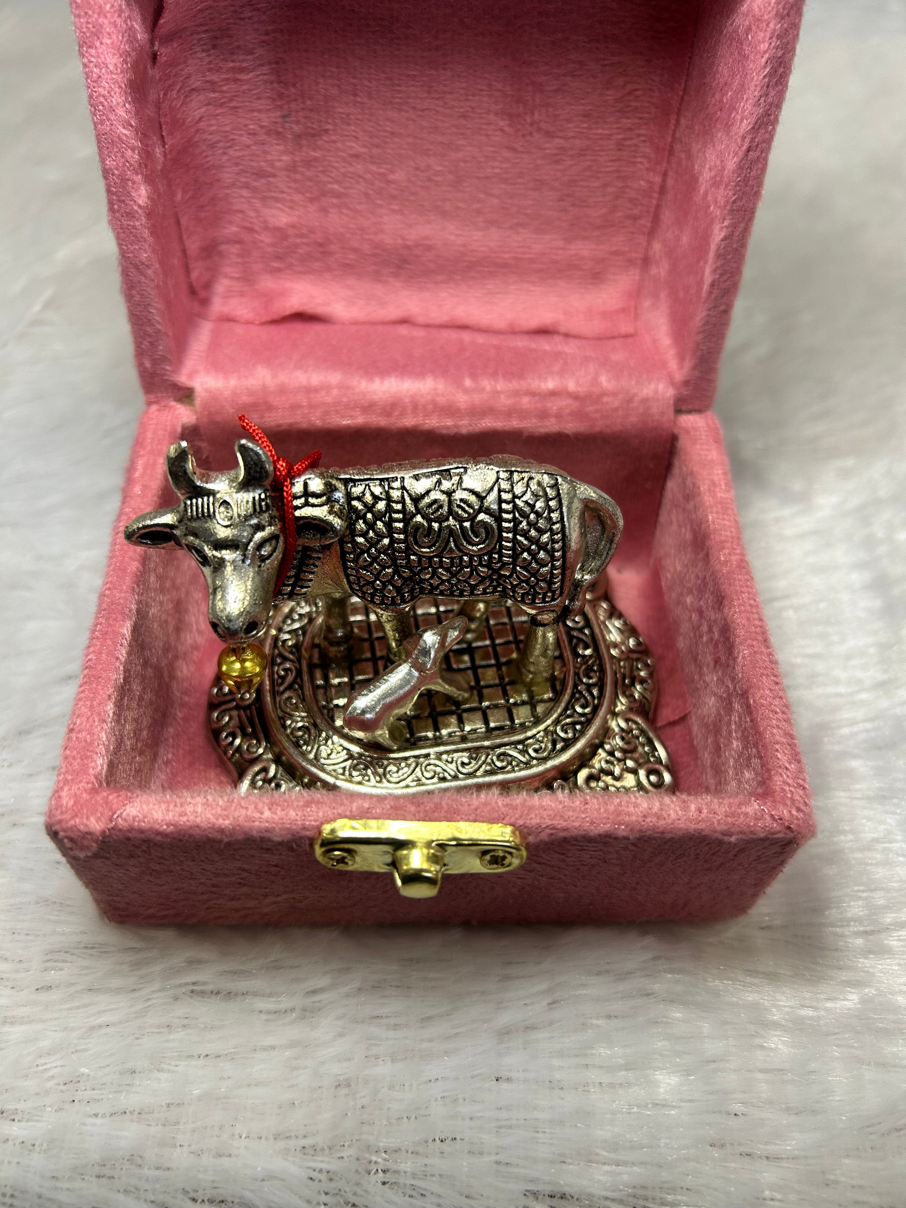 German Silver Kamdhenu Cow in Velvet Box