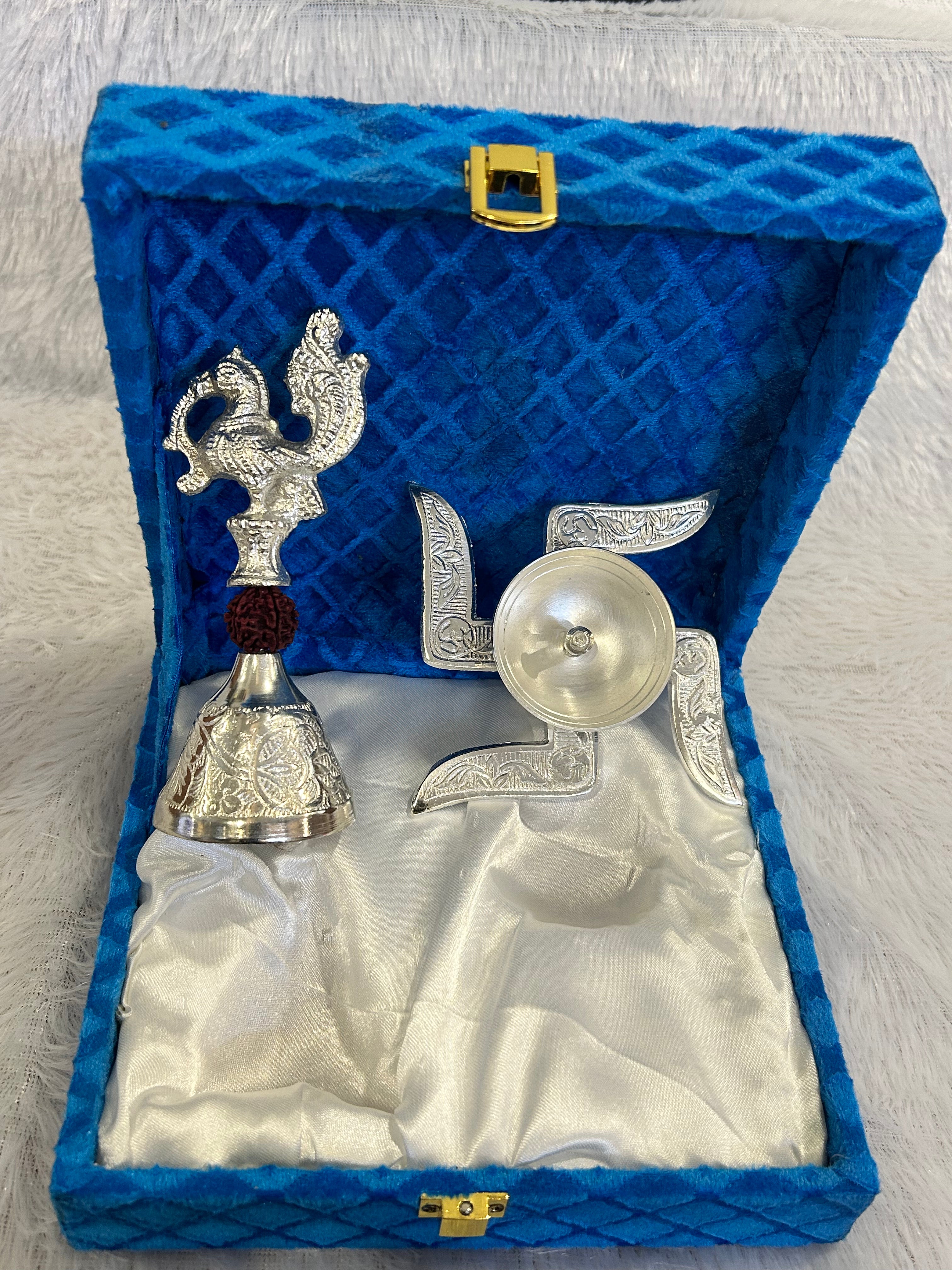 German Silver Swastik Diya and Peacock Bell Combo