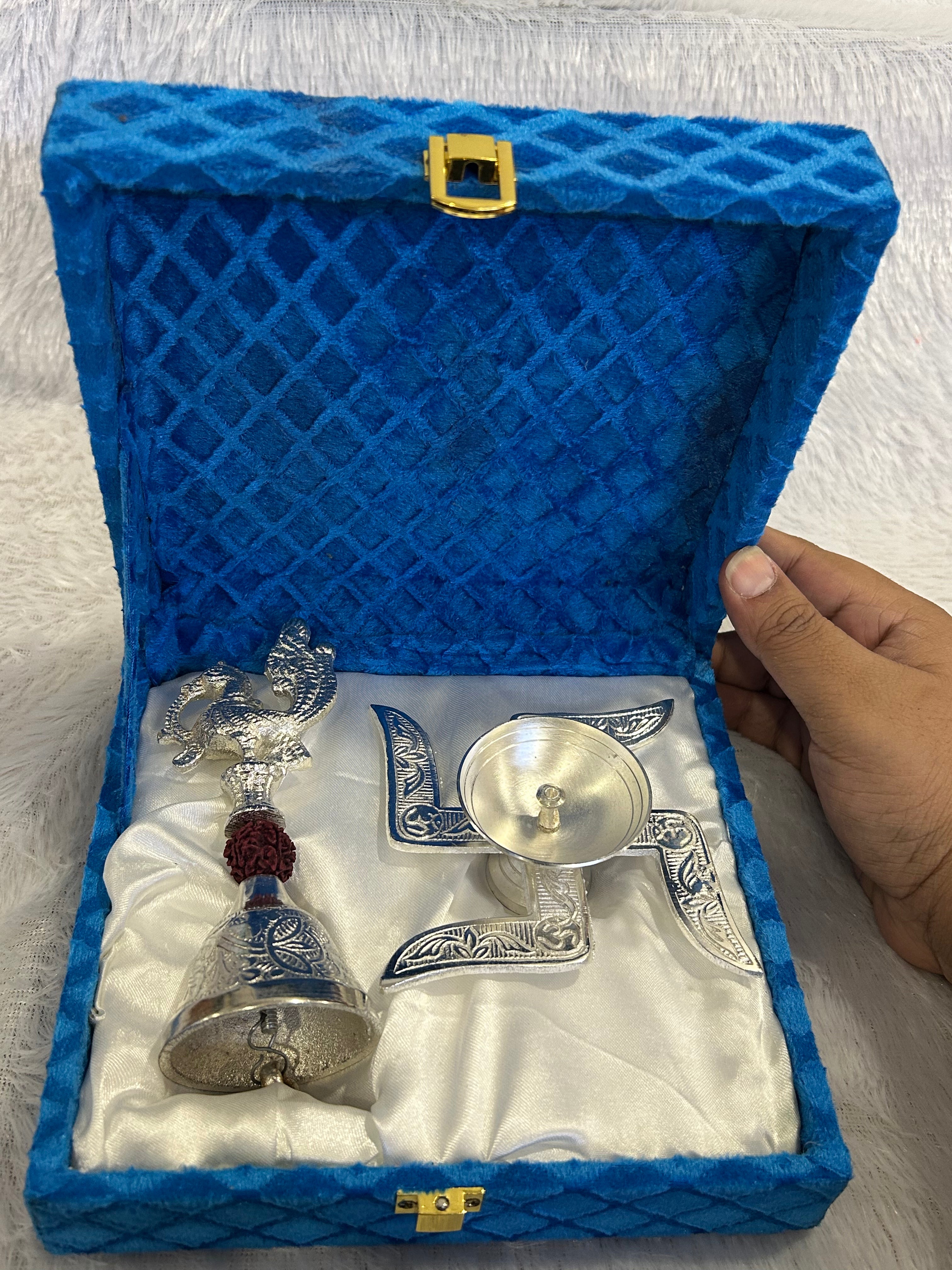German Silver Swastik Diya and Peacock Bell Combo