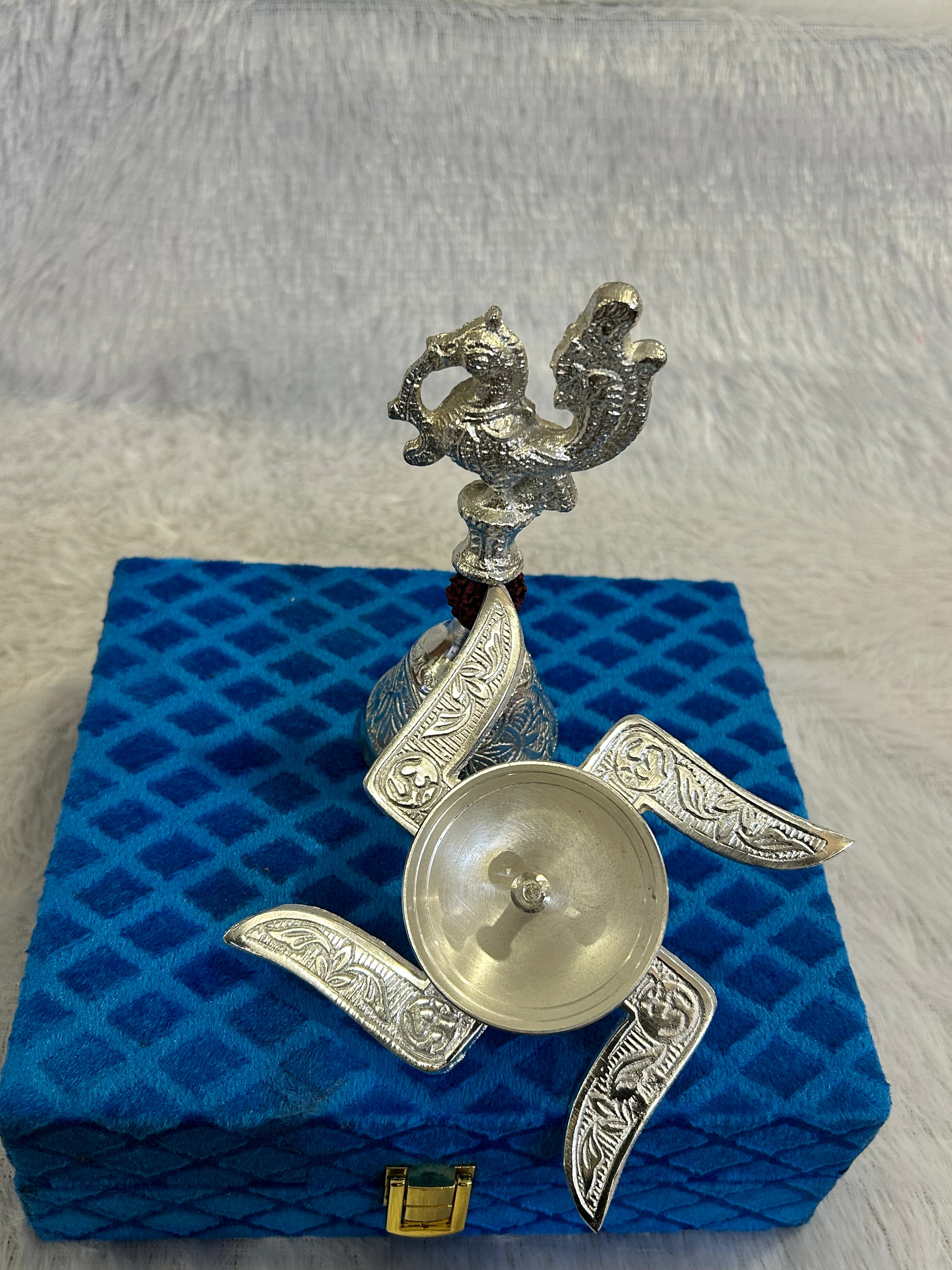 German Silver Swastik Diya and Peacock Bell Combo