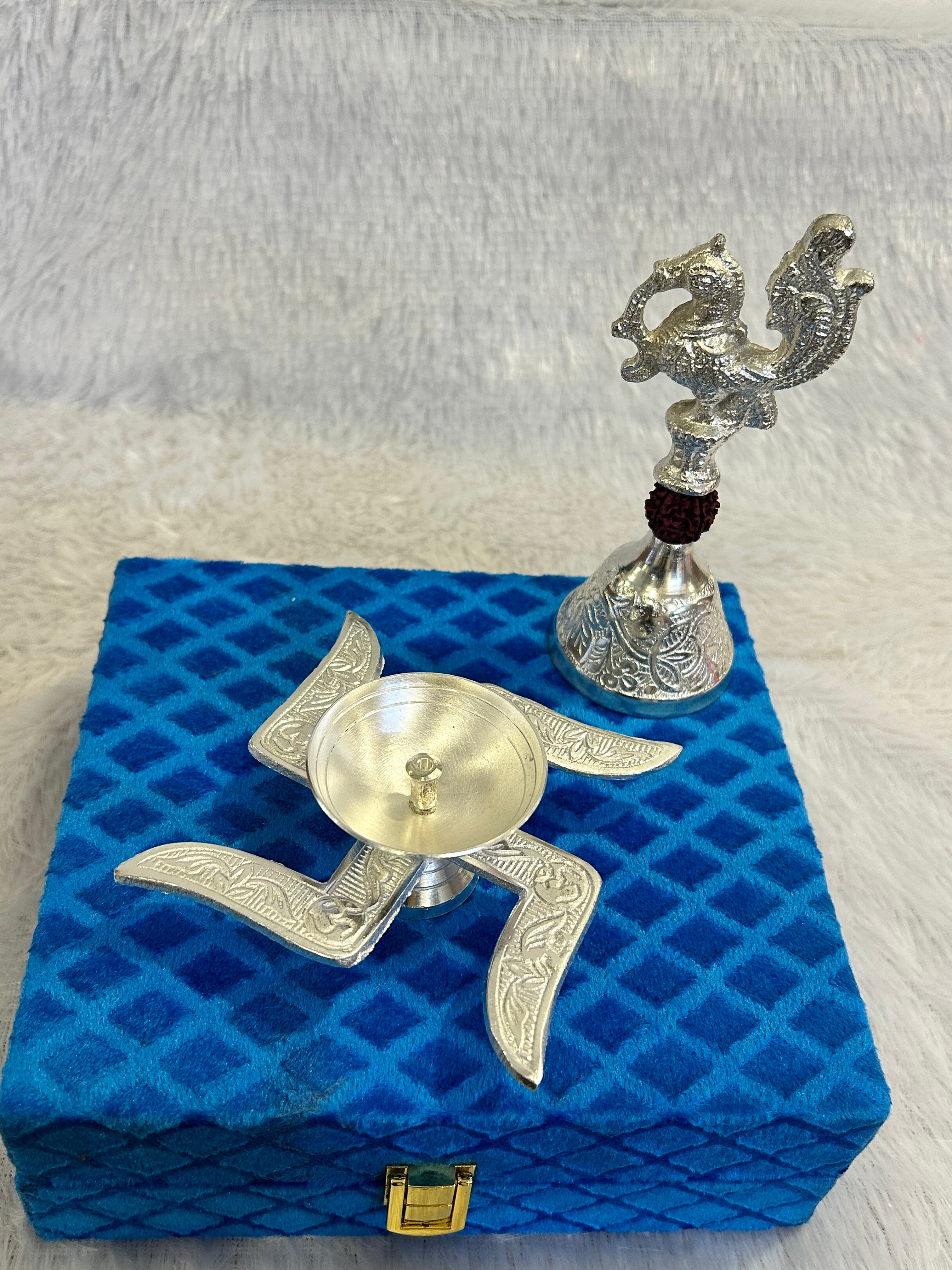 German Silver Swastik Diya and Peacock Bell Combo
