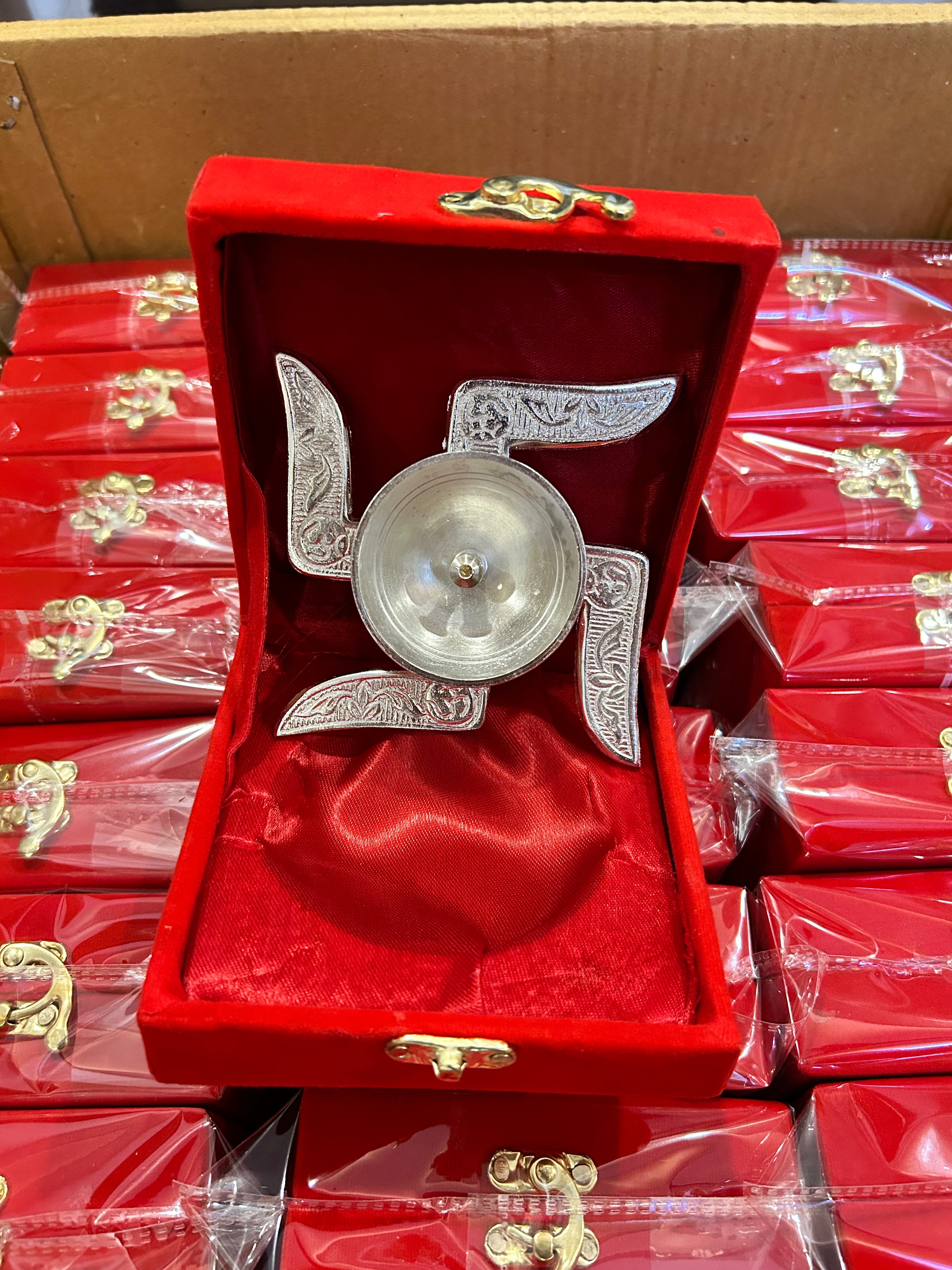 Swastik Diya German Silver and Gold finish with velvet box