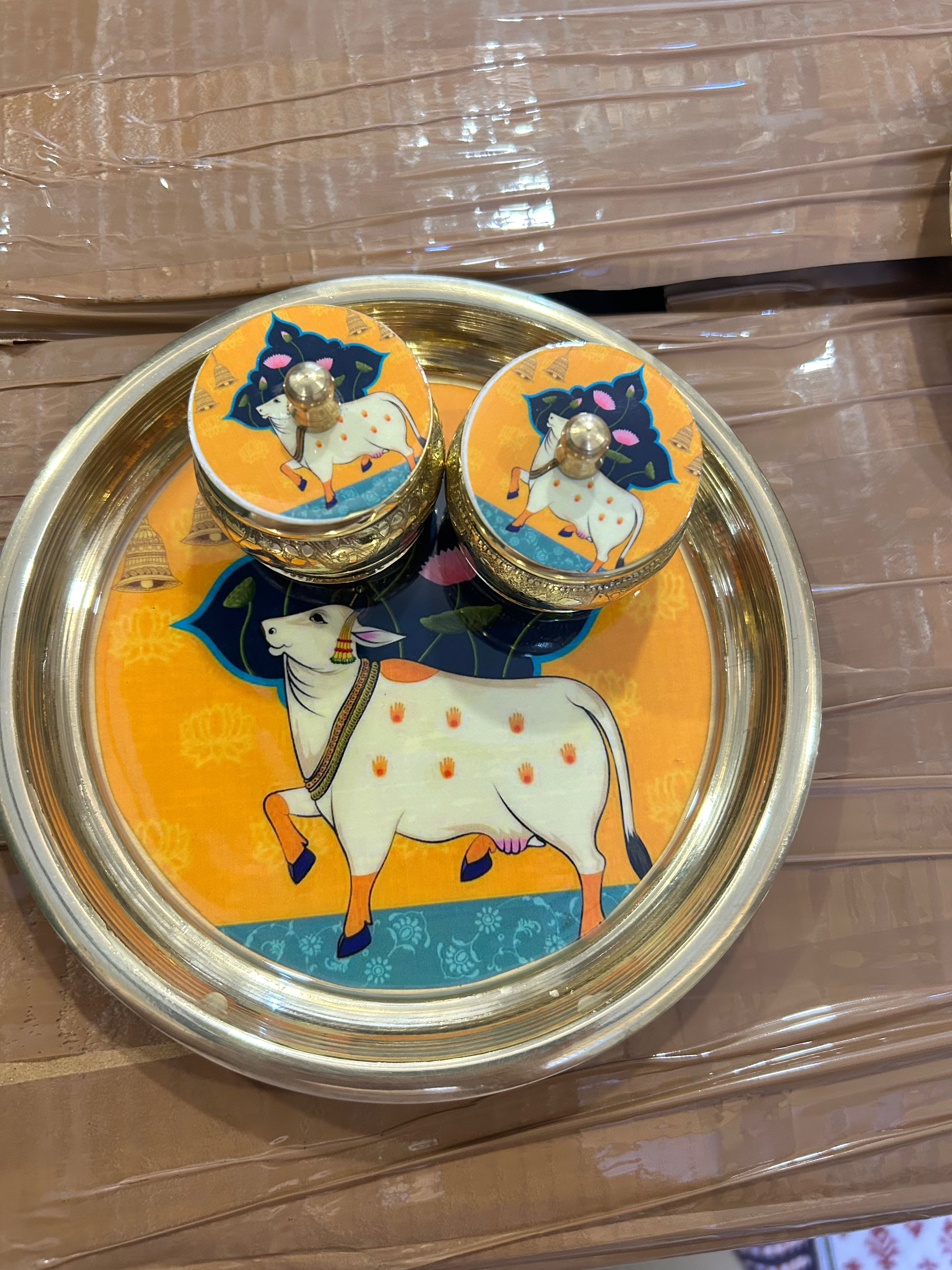 Pure Brass Pichwai Design Plate and Kumkum Dibbi 2pc Set