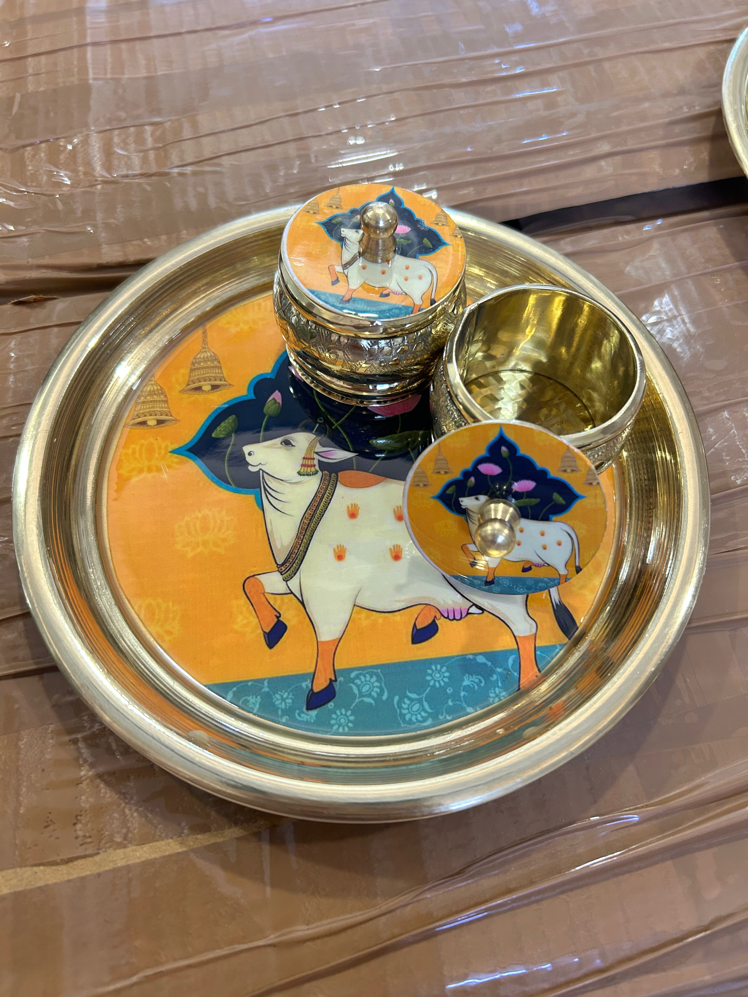 Pure Brass Pichwai Design Plate and Kumkum Dibbi 2pc Set