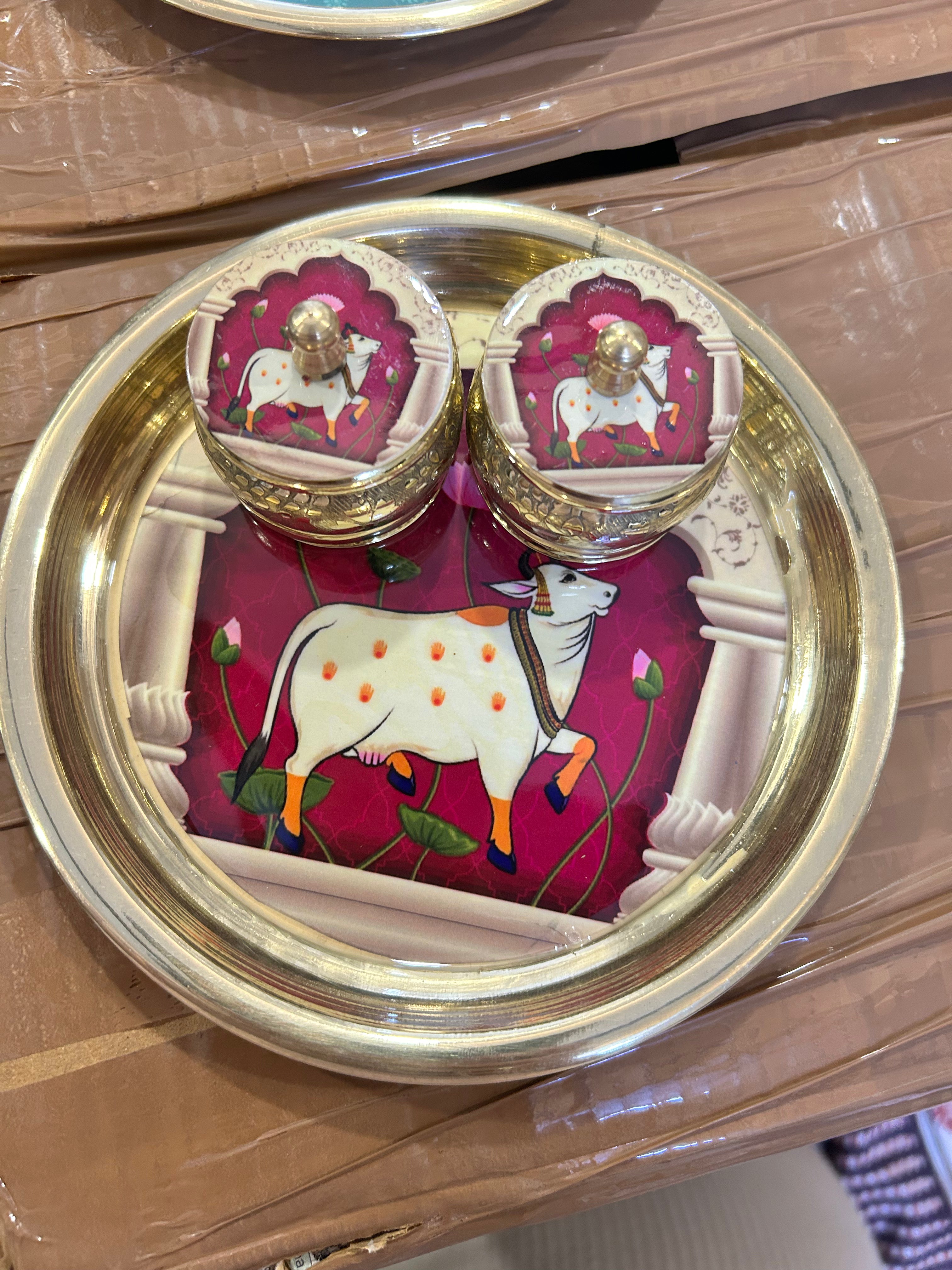 Pure Brass Pichwai Design Plate and Kumkum Dibbi 2pc Set