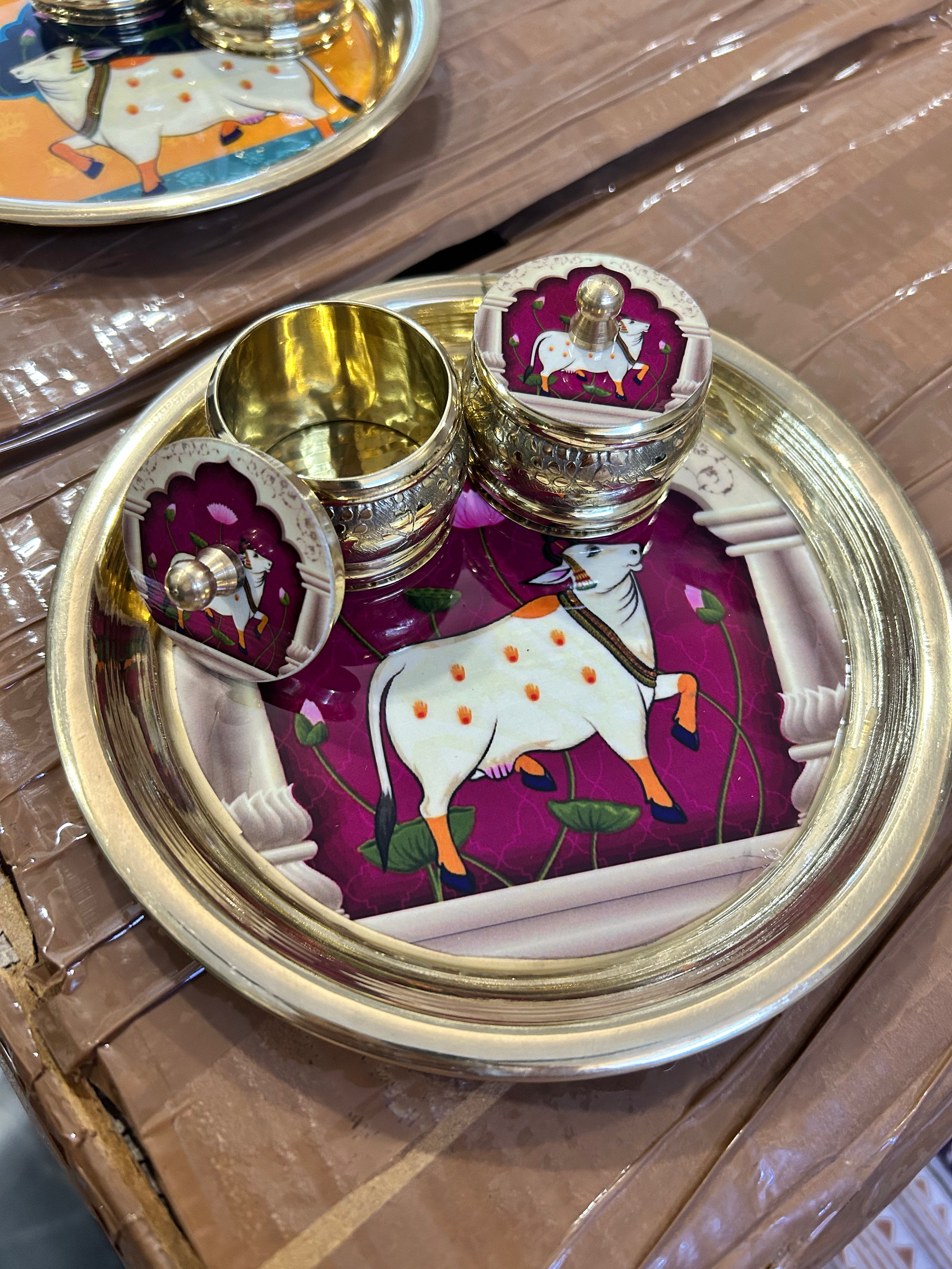 Pure Brass Pichwai Design Plate and Kumkum Dibbi 2pc Set