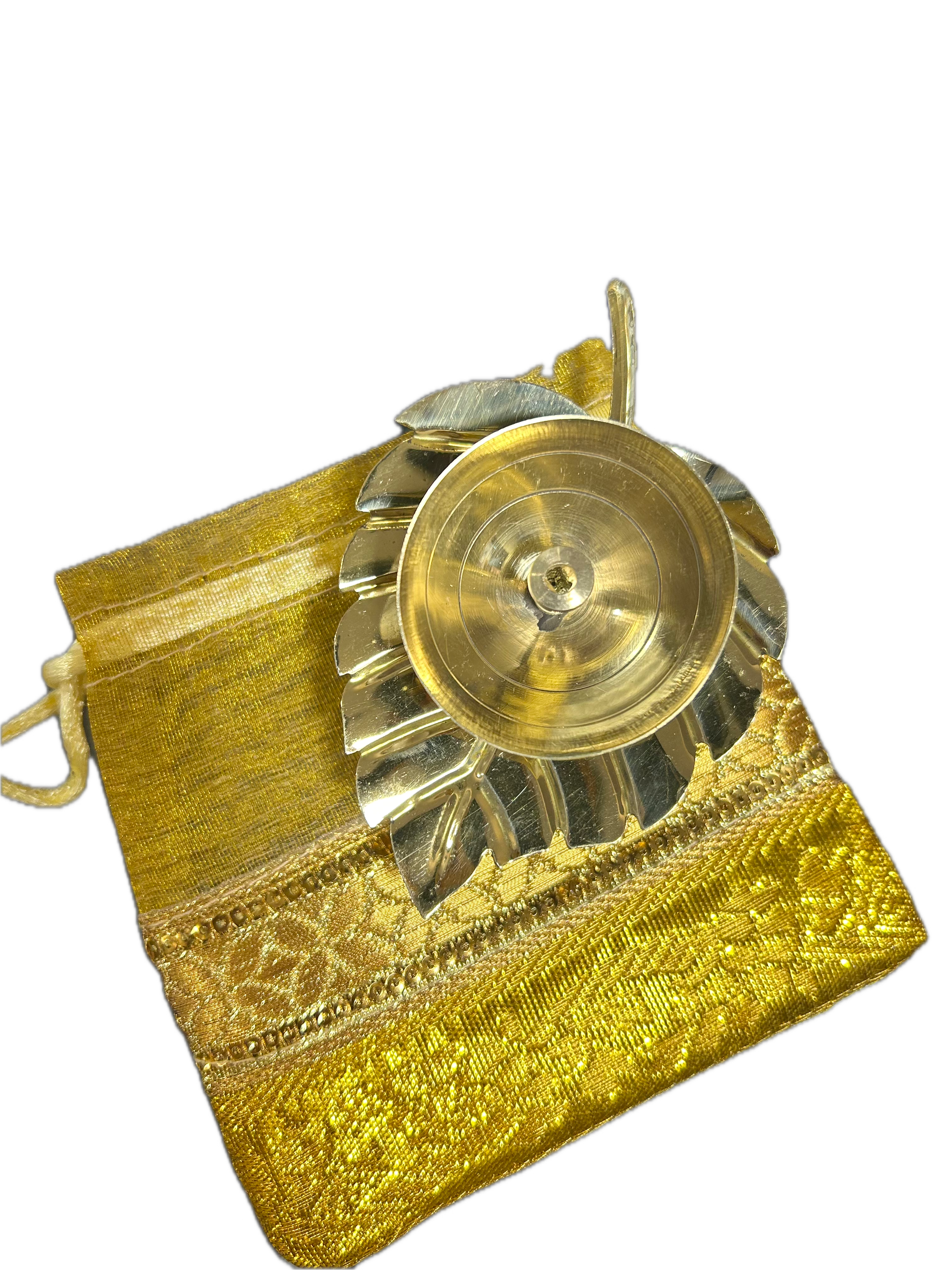 Pure Brass Pipal Shaped Diya with Banarasi Potli