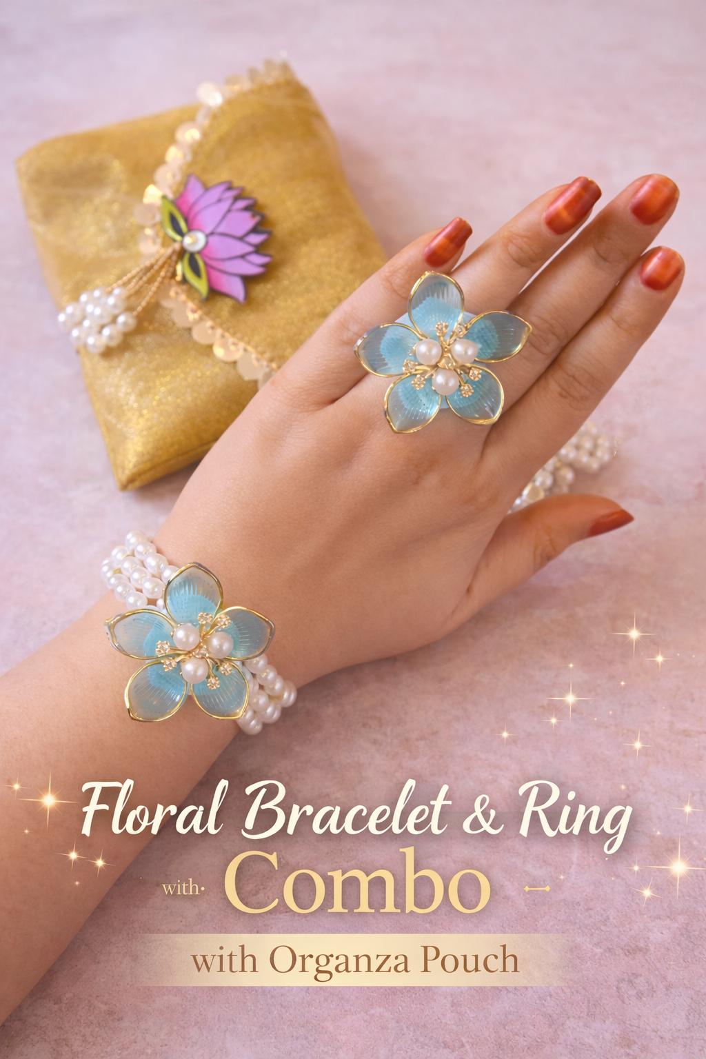 Floral Design Ring and Bracelt with Organza Pouch Combo
