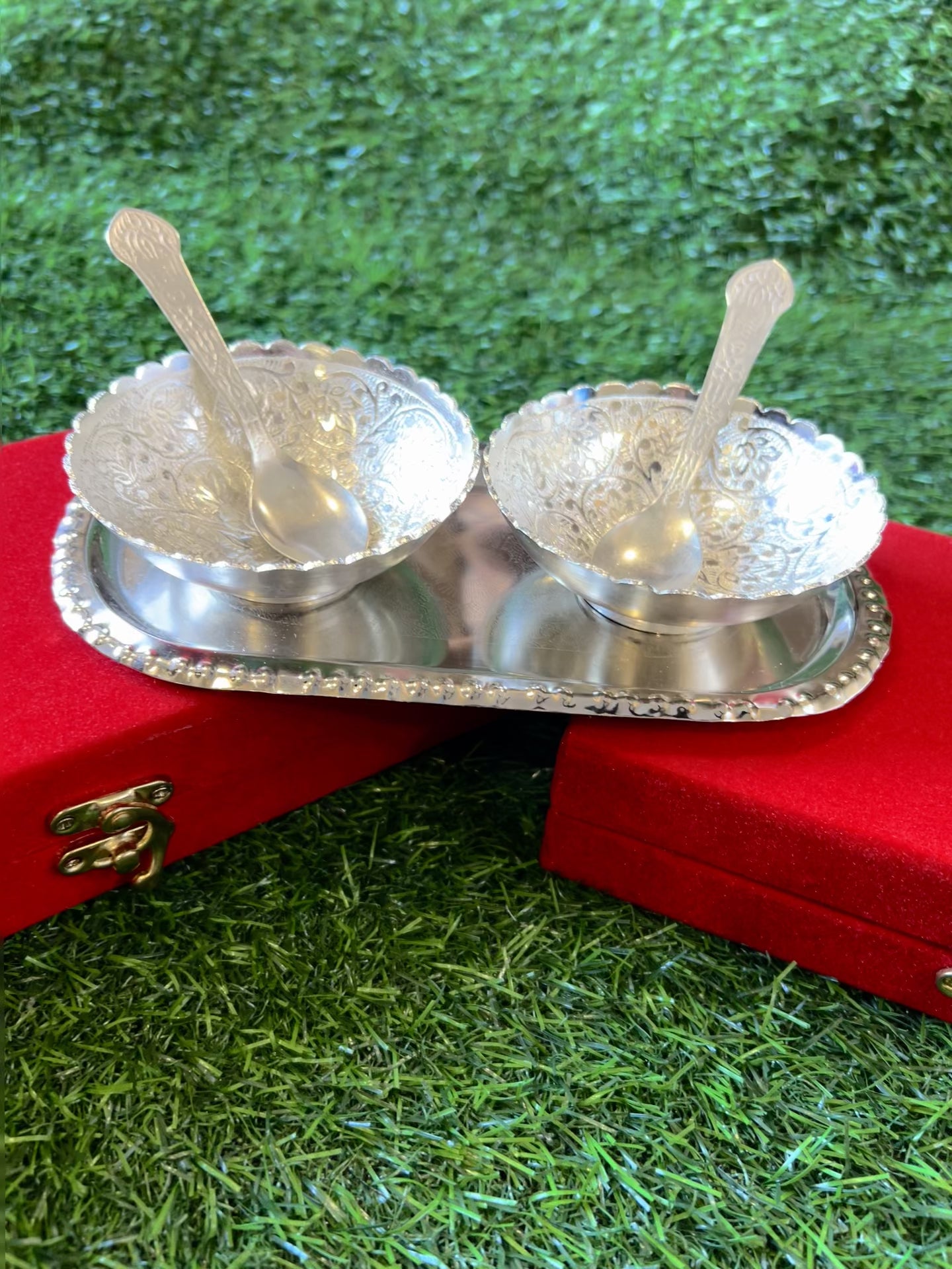 German Silver two spoon-bowl set with tray